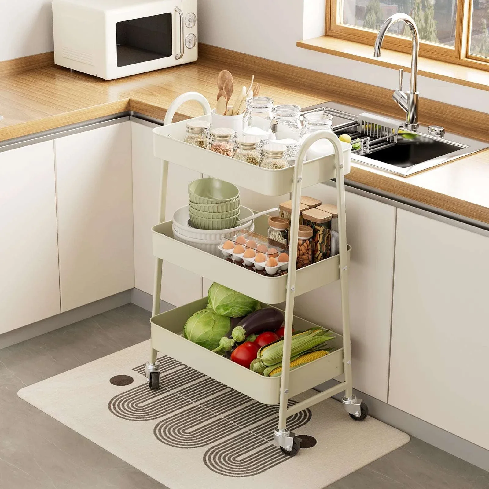 3-Tier Rolling Storage Cart with Lockable Wheels for Small Spaces