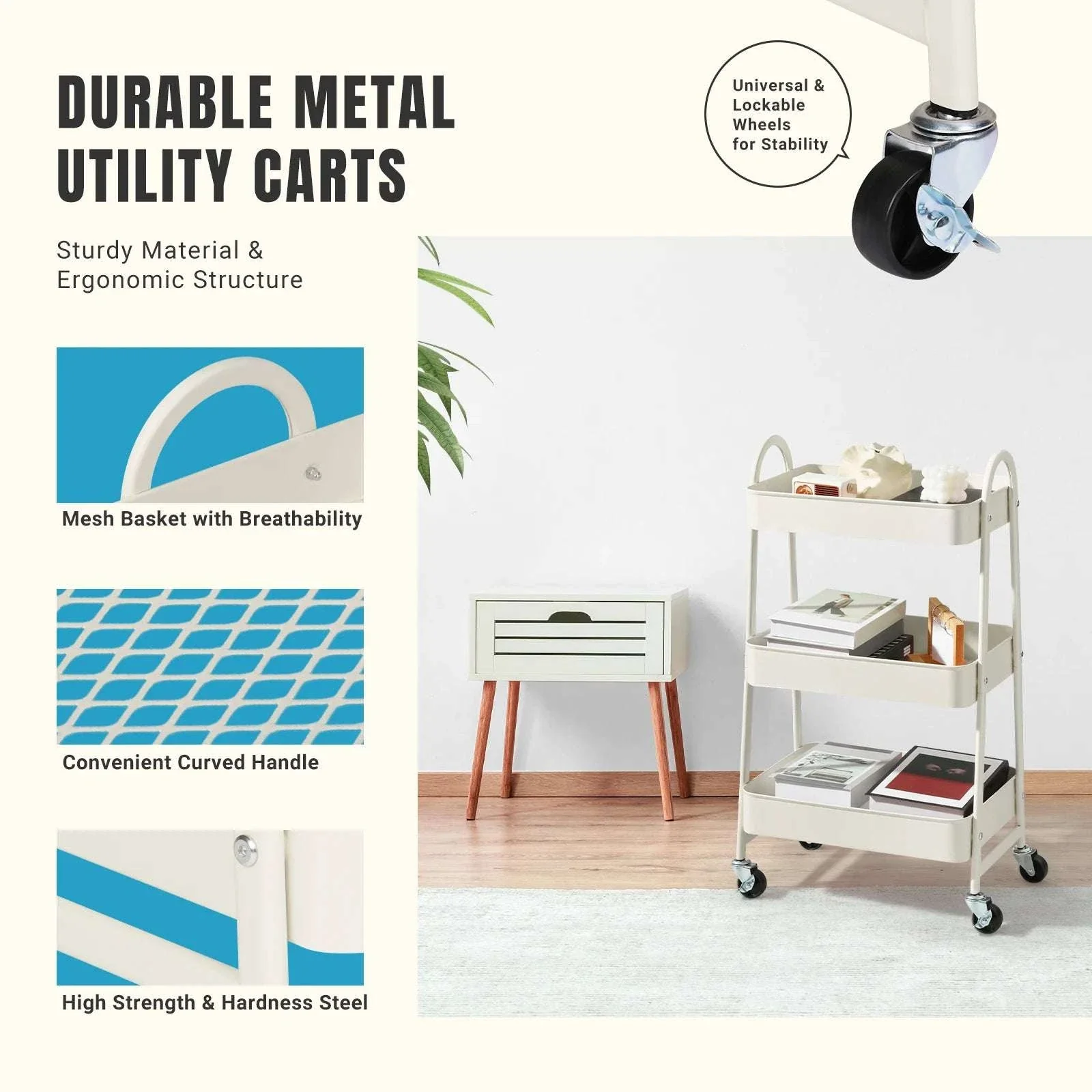 3-Tier Rolling Storage Cart with Lockable Wheels for Small Spaces - Image 3