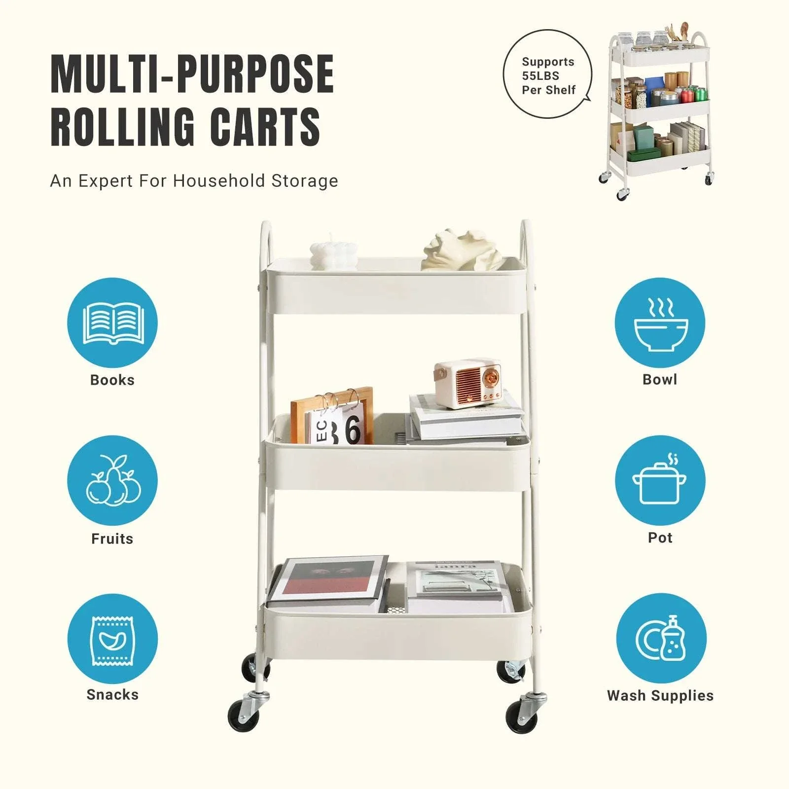 3-Tier Rolling Storage Cart with Lockable Wheels for Small Spaces - Image 4