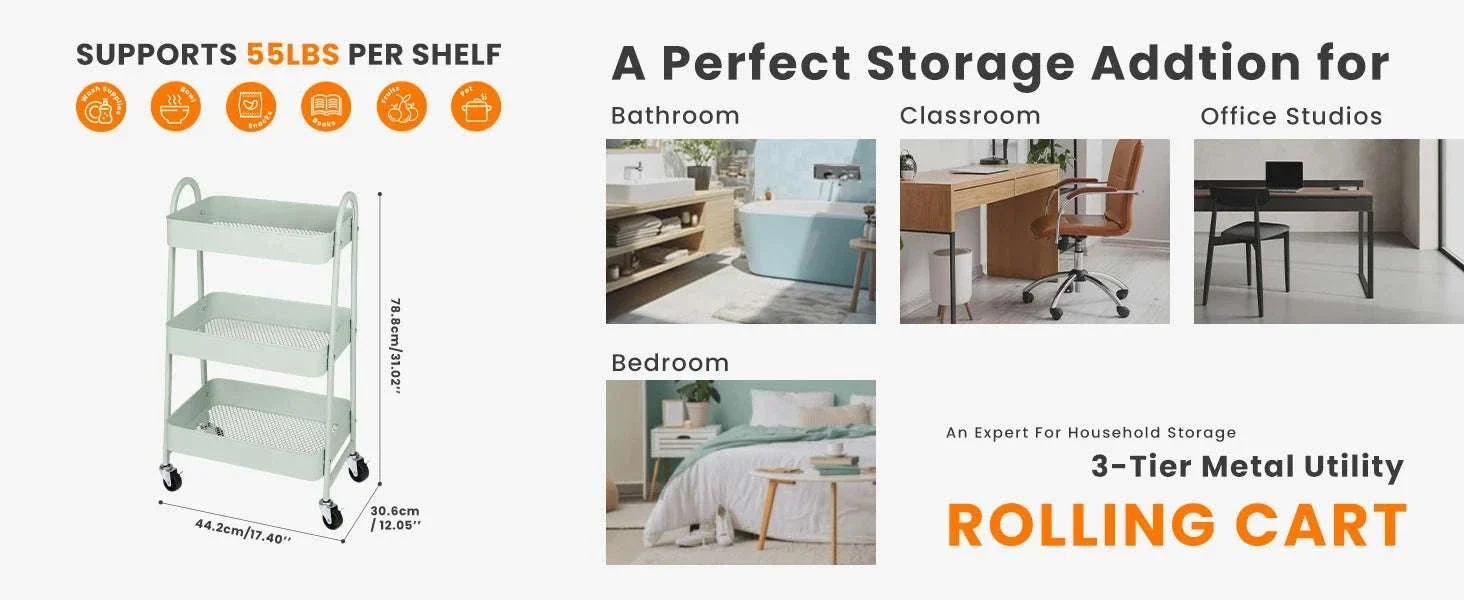 3-Tier Rolling Storage Cart with Lockable Wheels for Small Spaces - Image 9