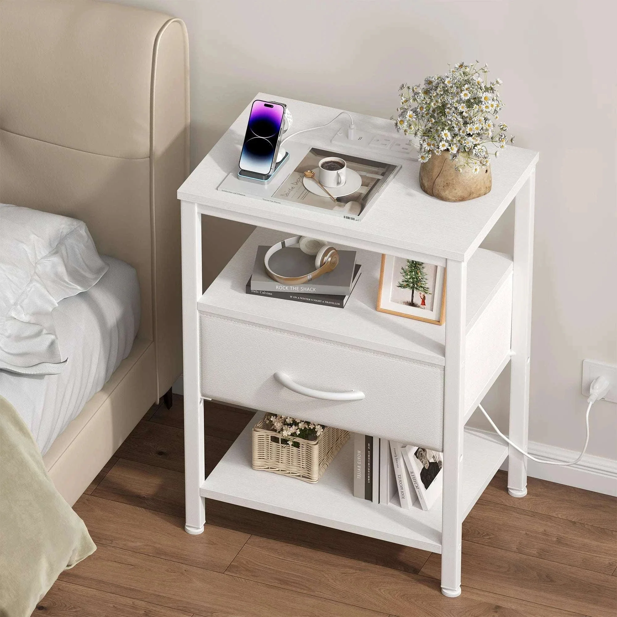 3-Tier Nightstand Set of 2 with Charging Station and Storage Drawers - Image 2