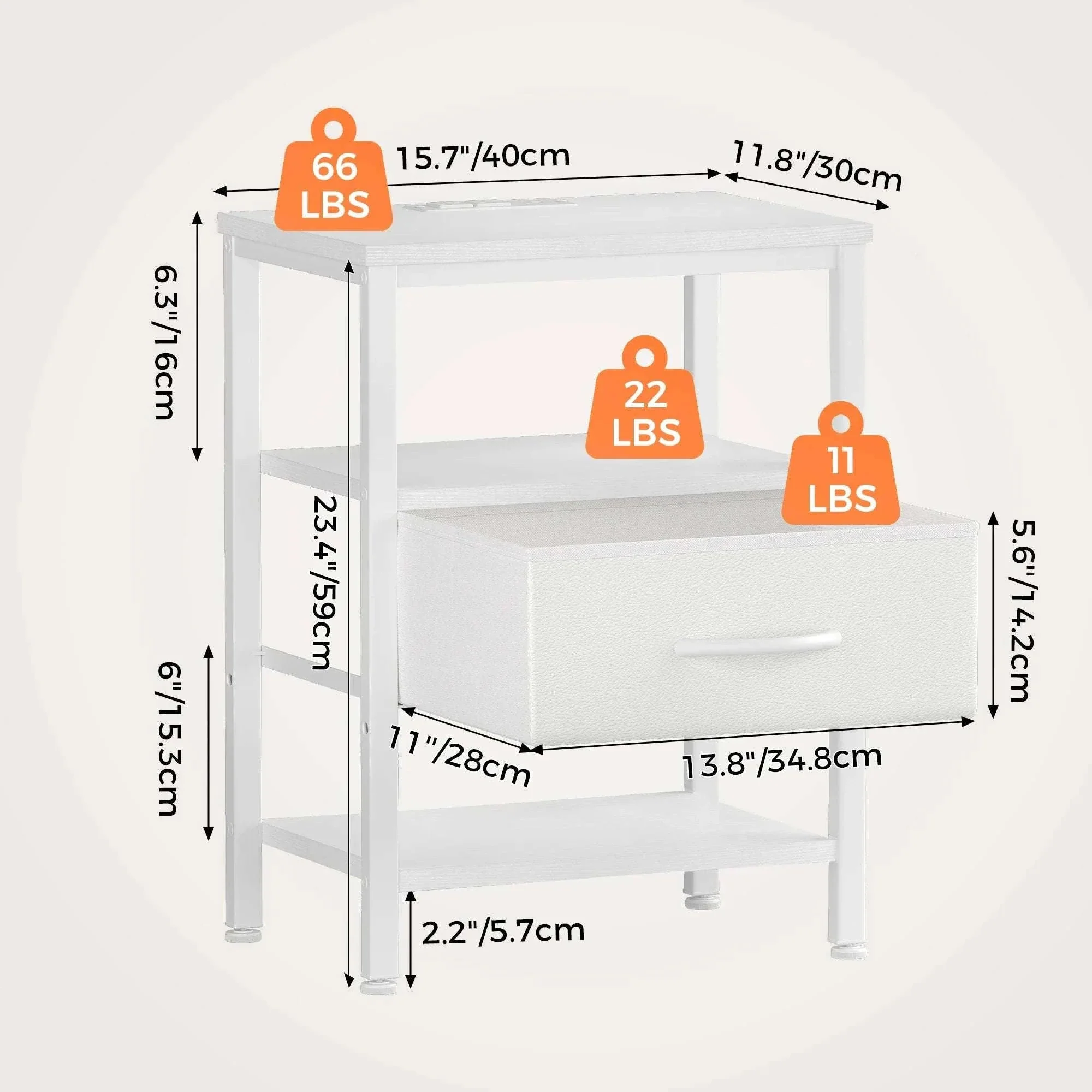 3-Tier Nightstand Set of 2 with Charging Station and Storage Drawers - Image 4