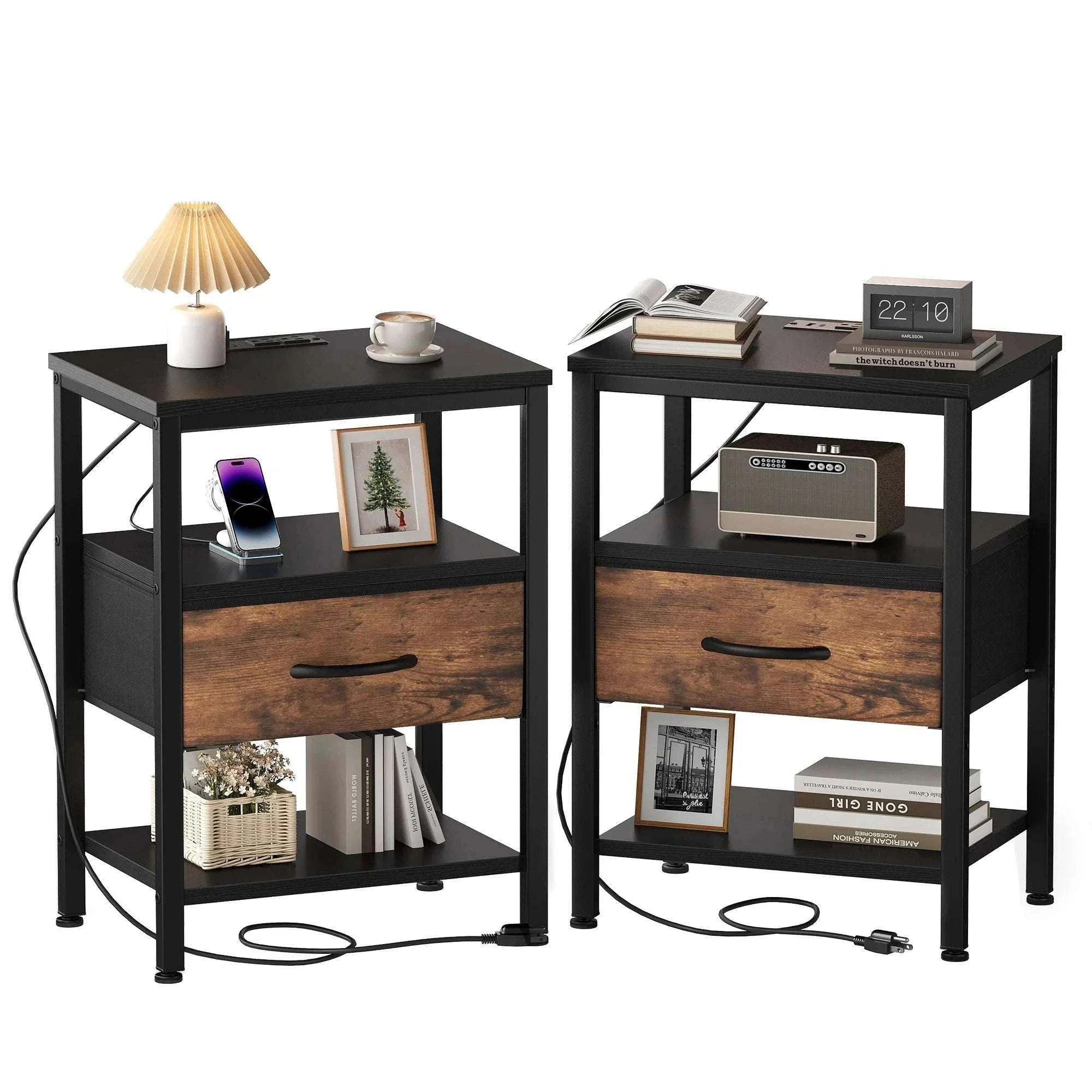 3-Tier Nightstand Set of 2 with Charging Station and Storage Drawers - Image 9