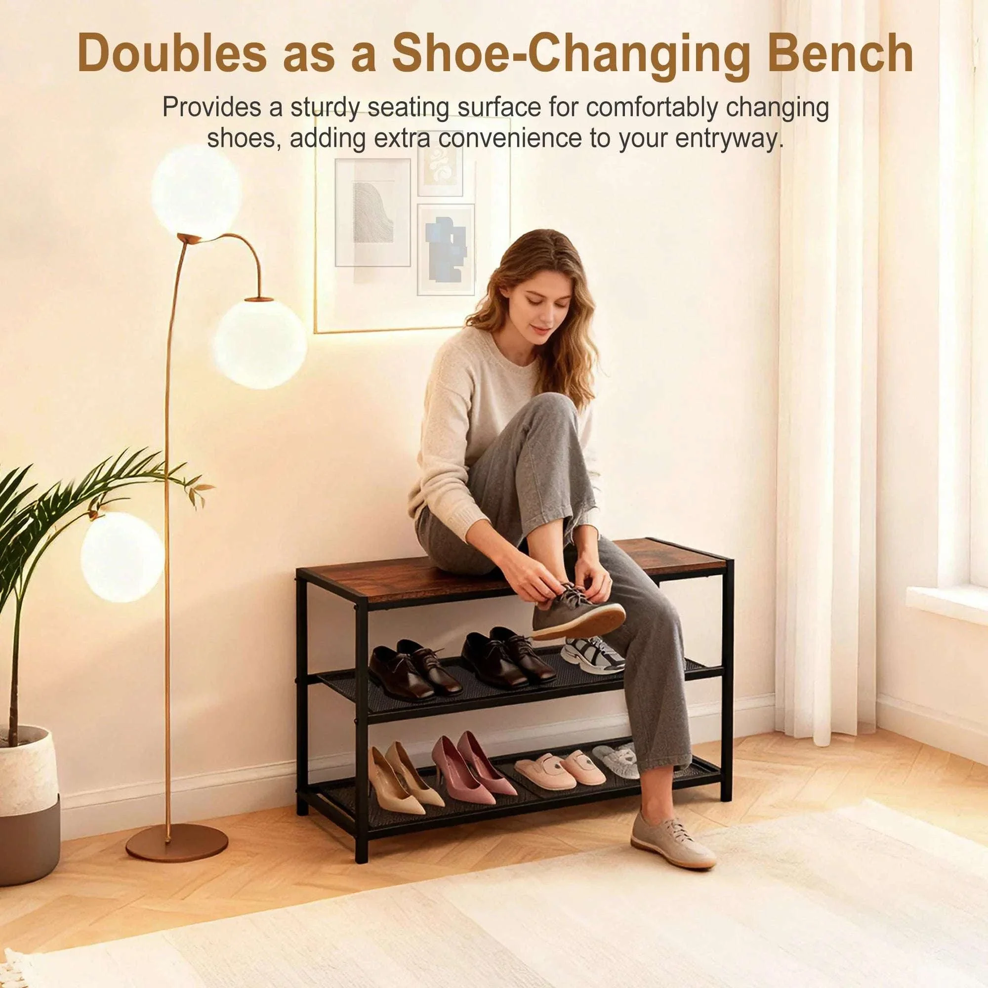3-Tier Shoe Bench with Storage Shelves for Entryway Organization - Image 2