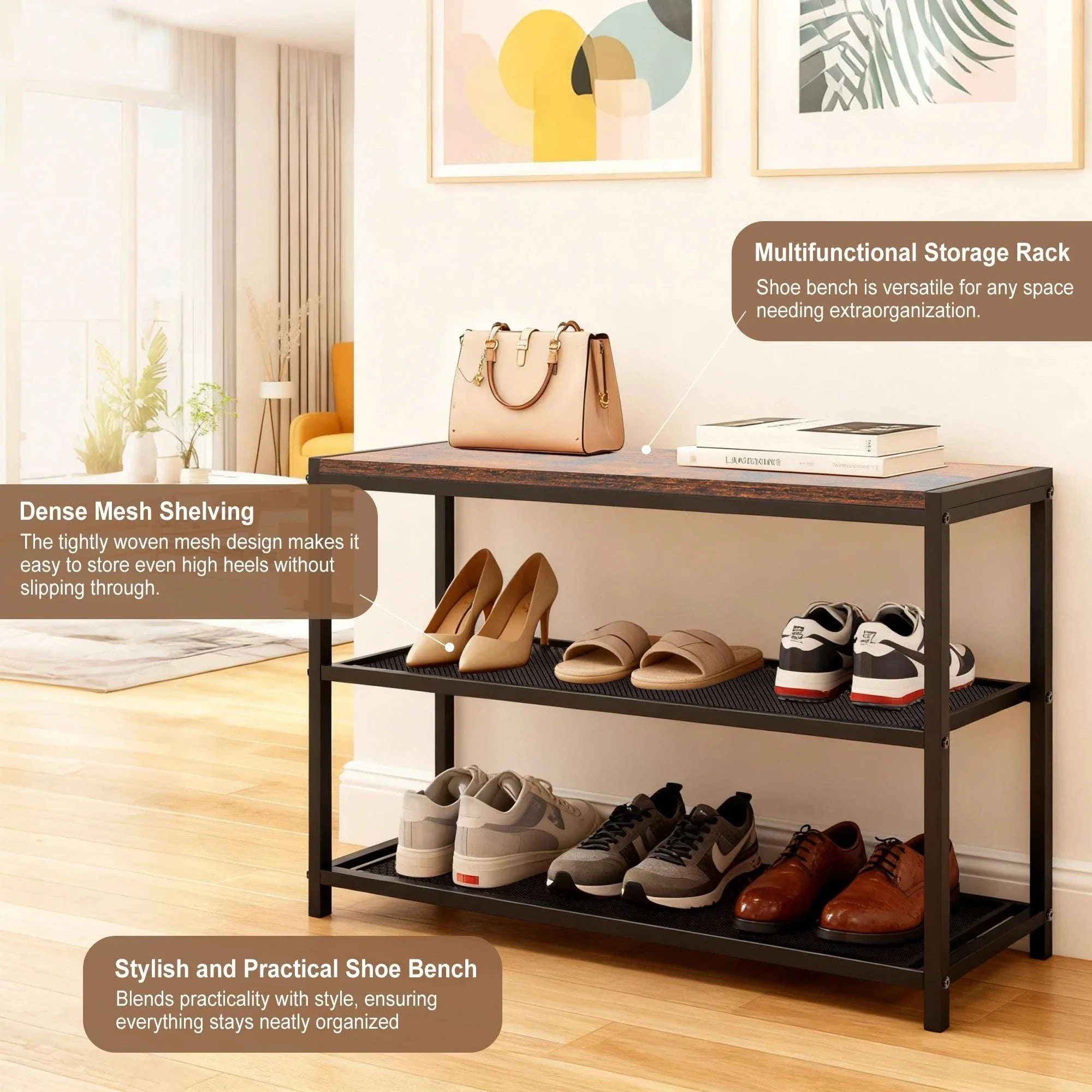 3-Tier Shoe Bench with Storage Shelves for Entryway Organization - Image 4