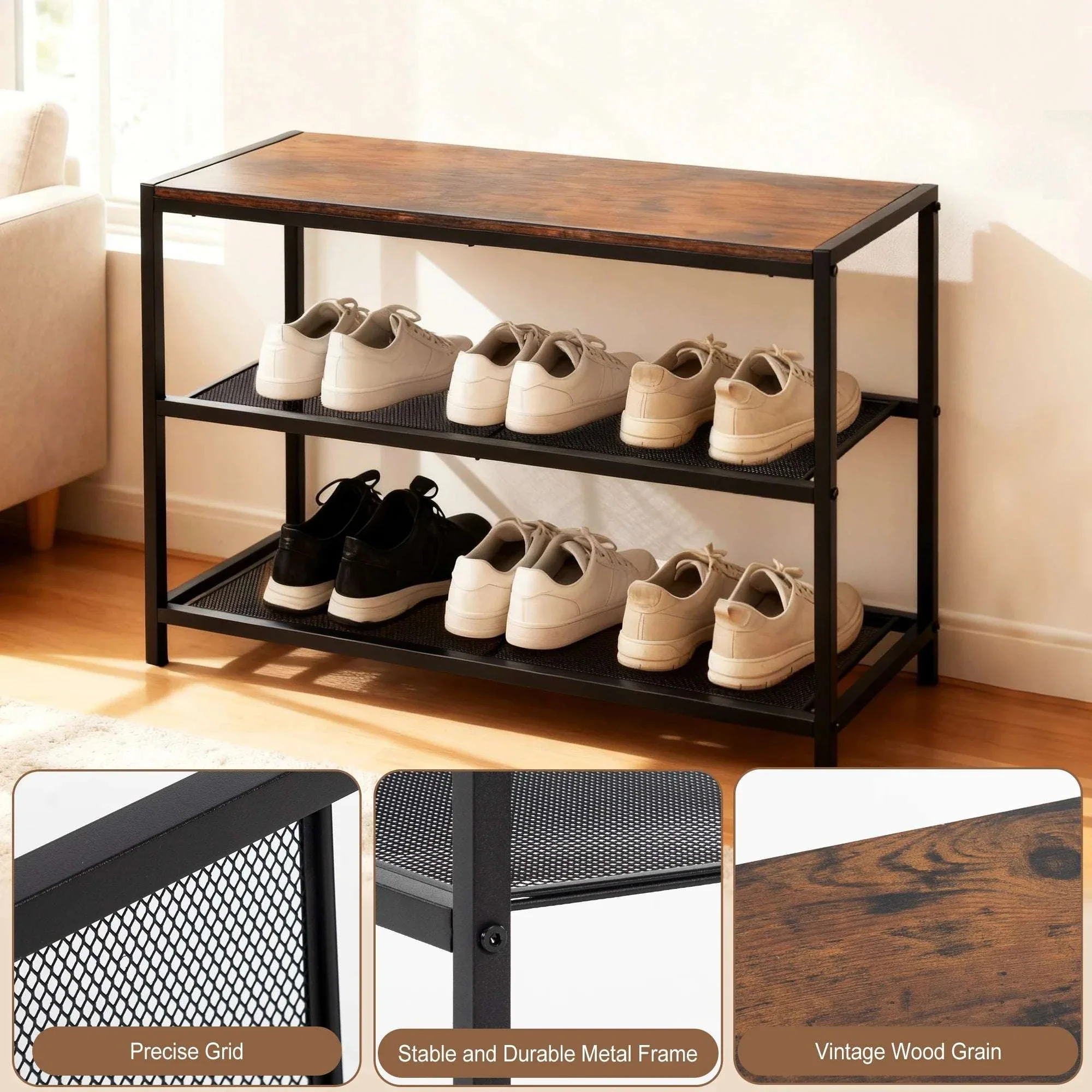 3-Tier Shoe Bench with Storage Shelves for Entryway Organization - Image 6