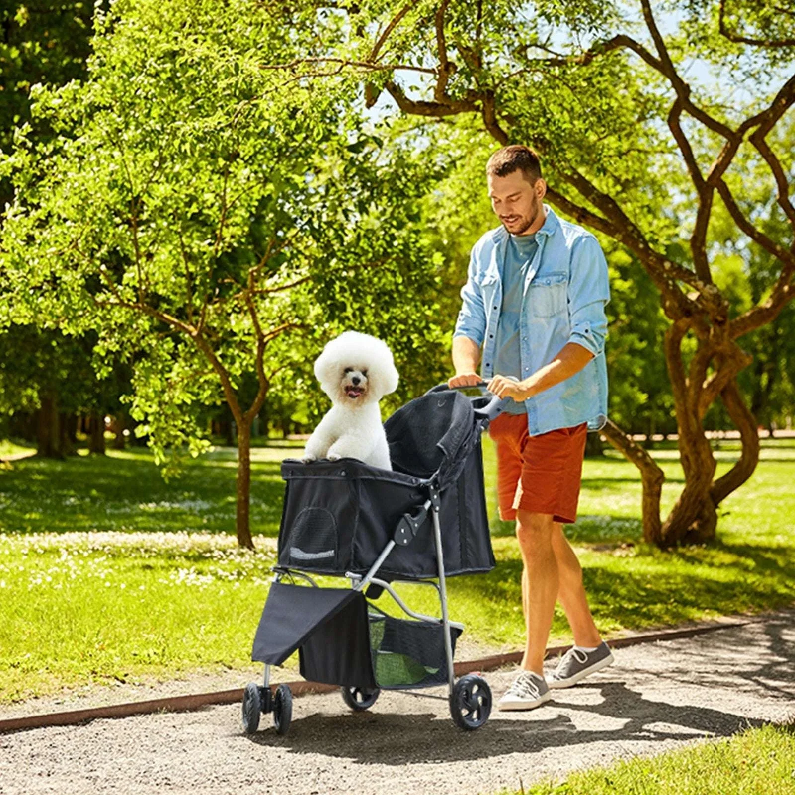 3-Wheel Foldable Pet Stroller with Storage & Mesh Windows - Image 7