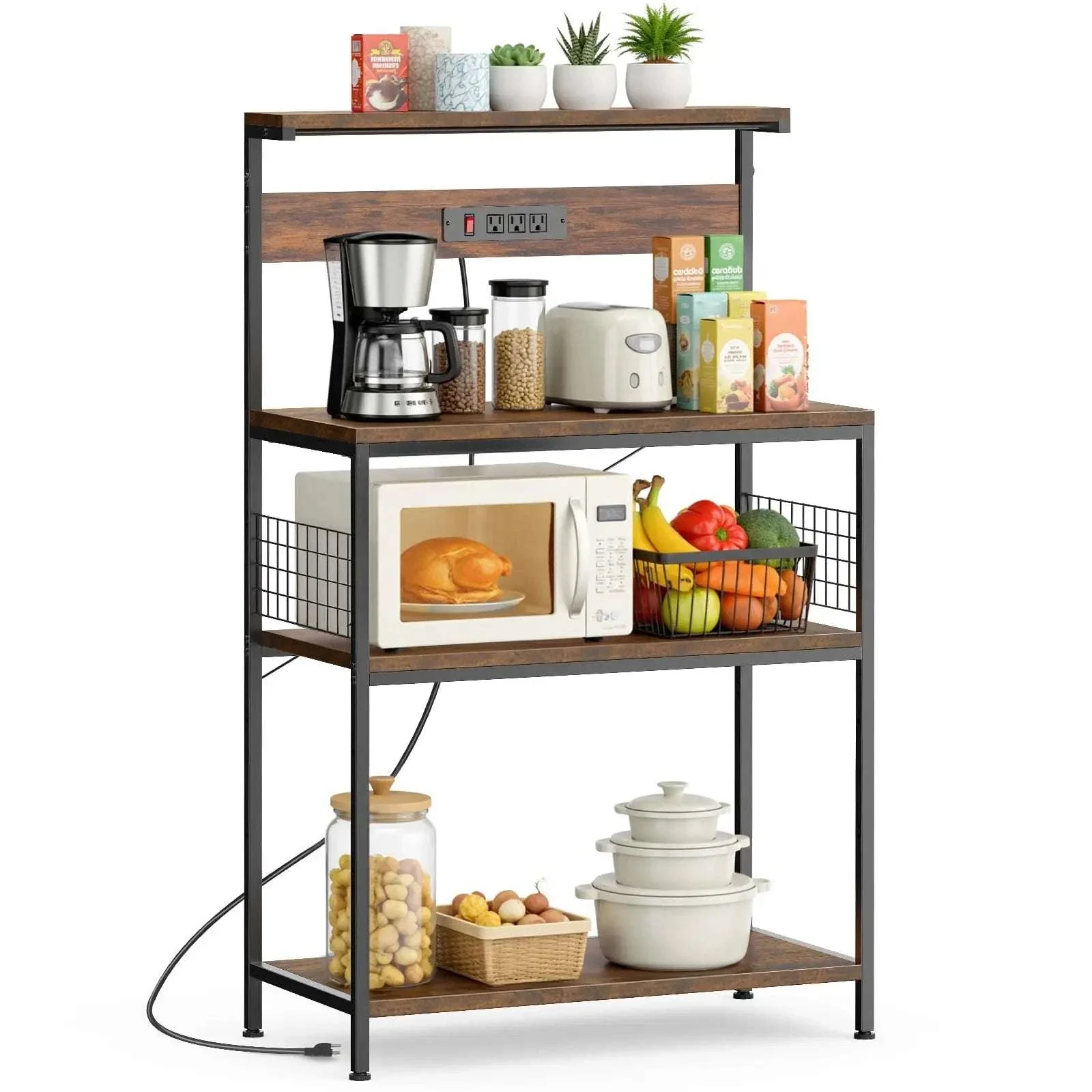 31.5" Kitchen Bakers Rack with Power Outlet & 4-Tier Storage