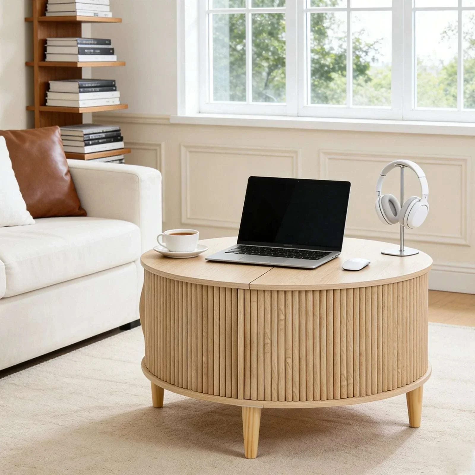 31in Round Coffee Table with Flip-Top Storage and Sliding Door