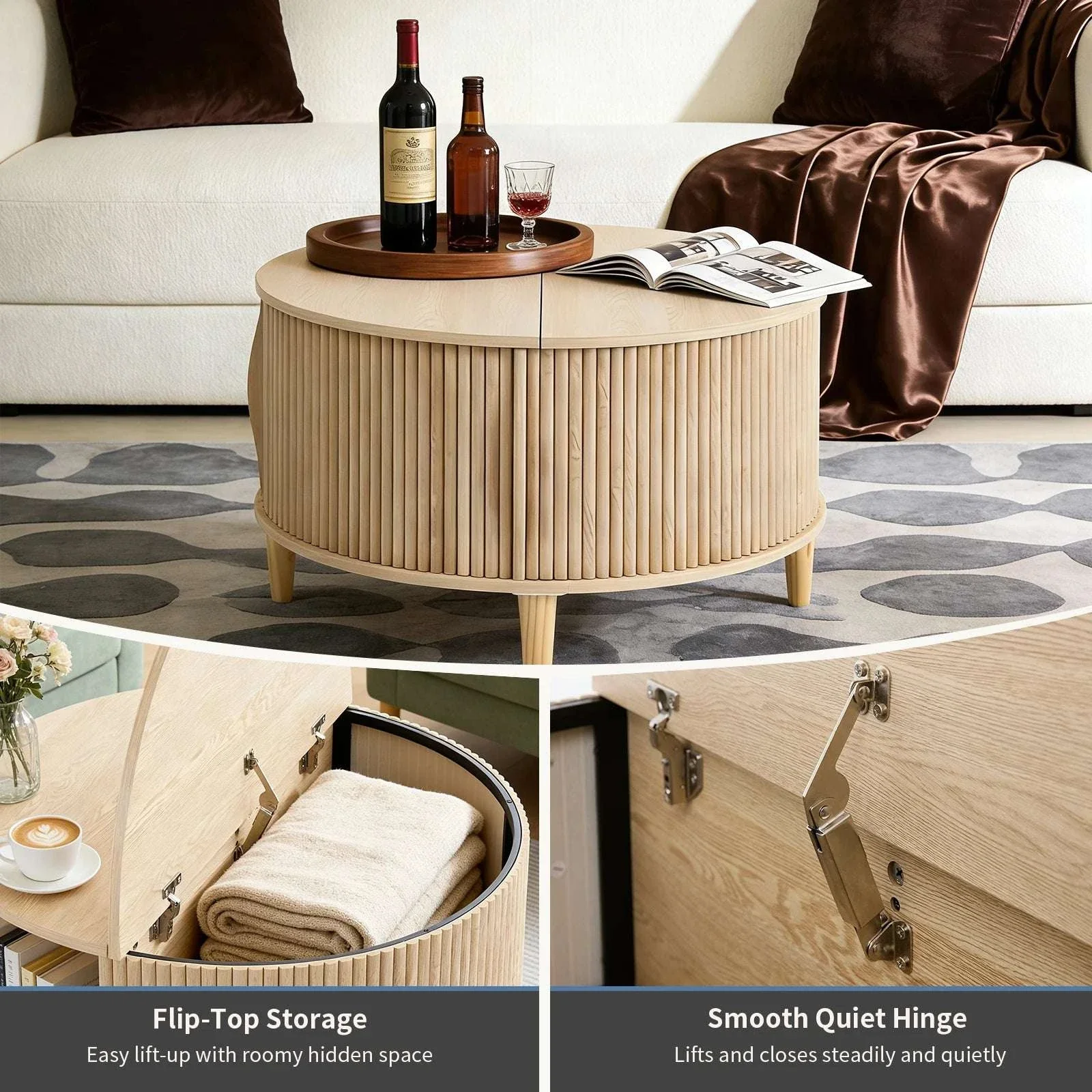 31in Round Coffee Table with Flip-Top Storage and Sliding Door - Image 3
