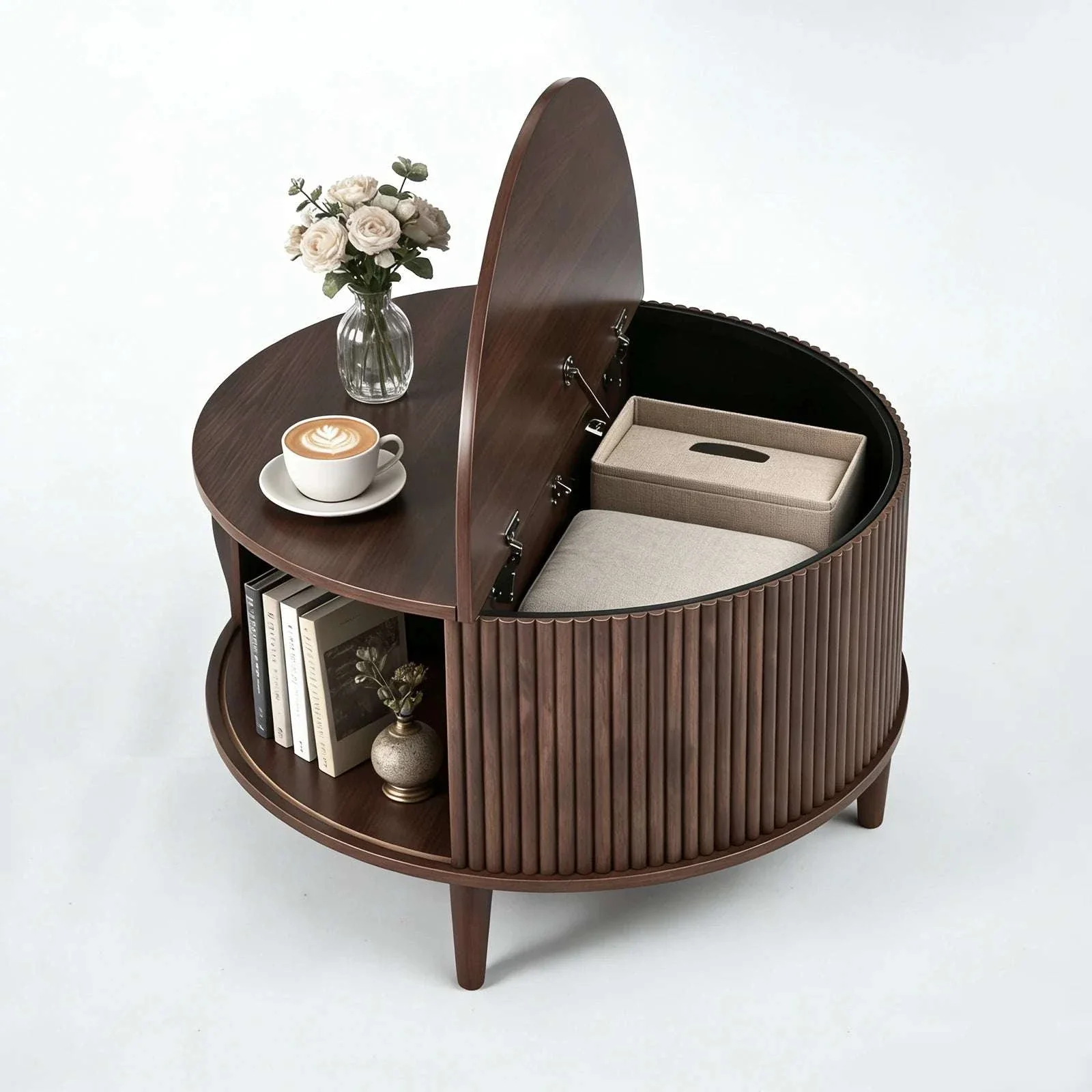 31in Round Coffee Table with Flip-Top Storage and Sliding Door - Image 7