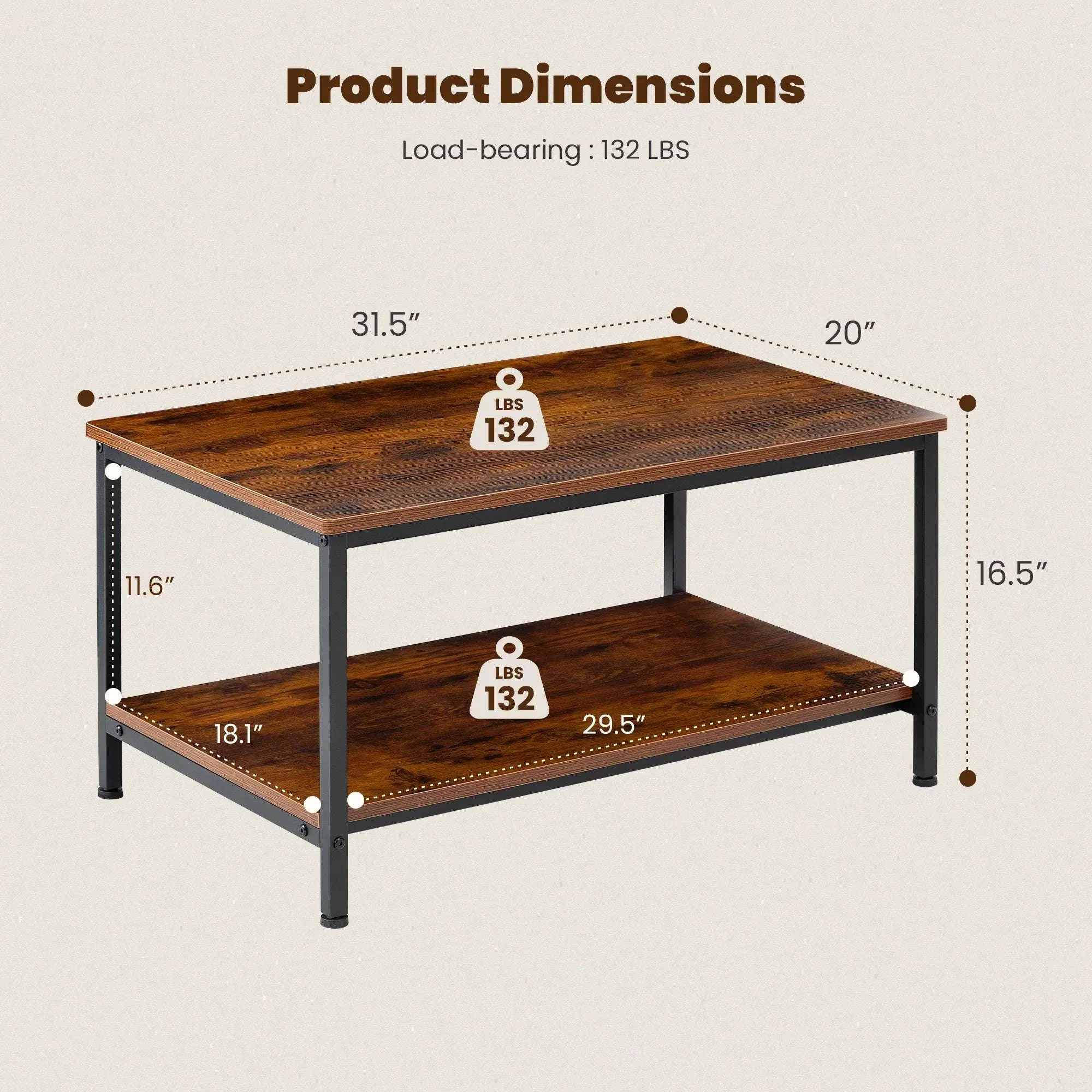 31" Wood Coffee Table with 2-Tier Storage Shelf for Living Room - Image 4