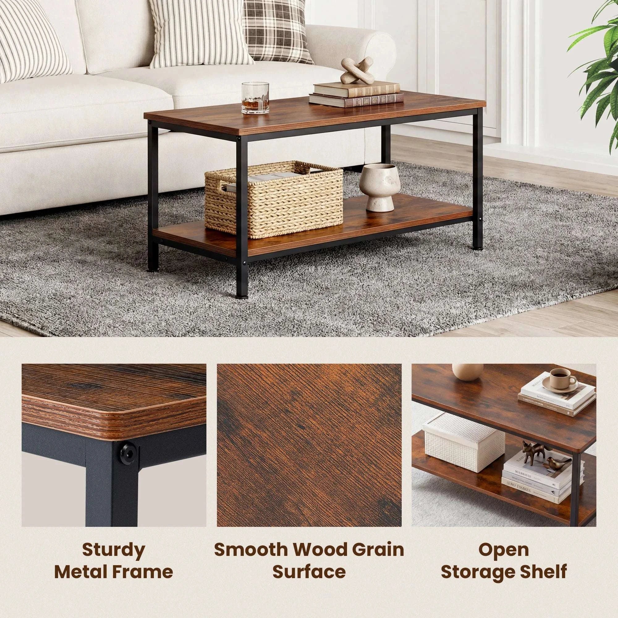 31" Wood Coffee Table with 2-Tier Storage Shelf for Living Room - Image 5
