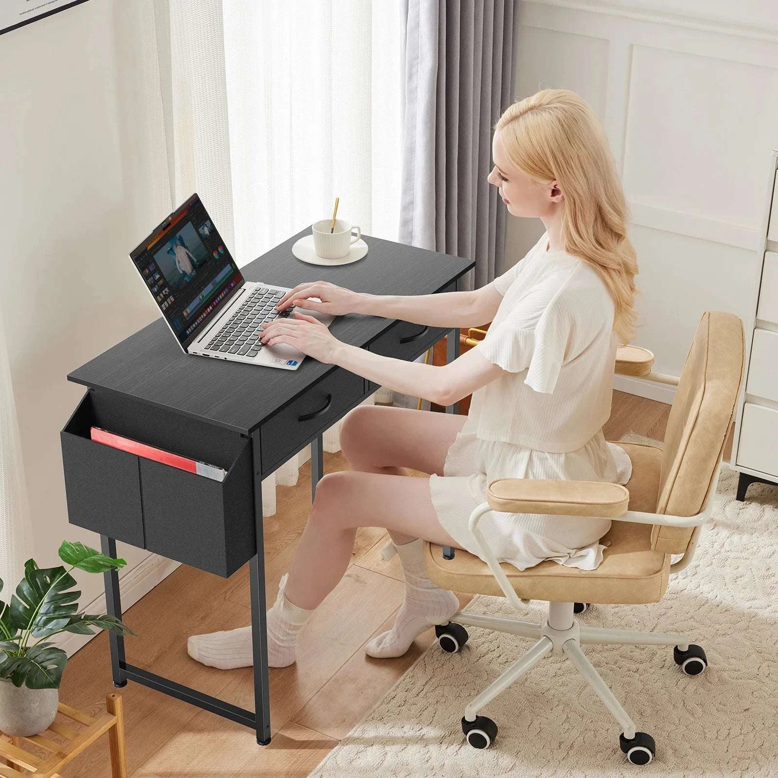 32 Inch Modern Office Desk with Drawers and Side Storage Bag - Image 2