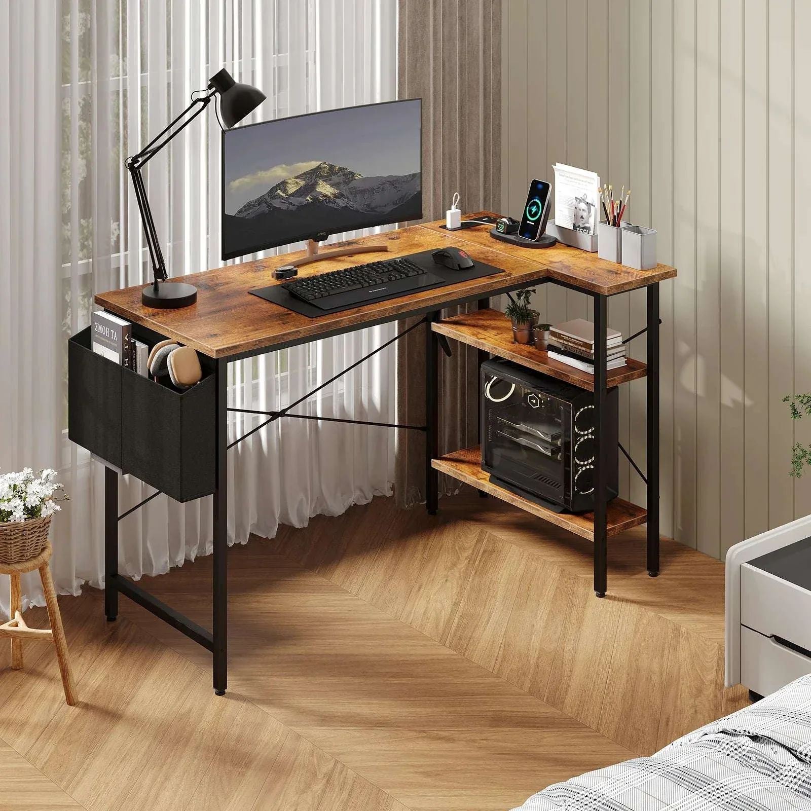 39" L-Shaped Gaming Desk with Power Strip and Storage Shelves - Image 6