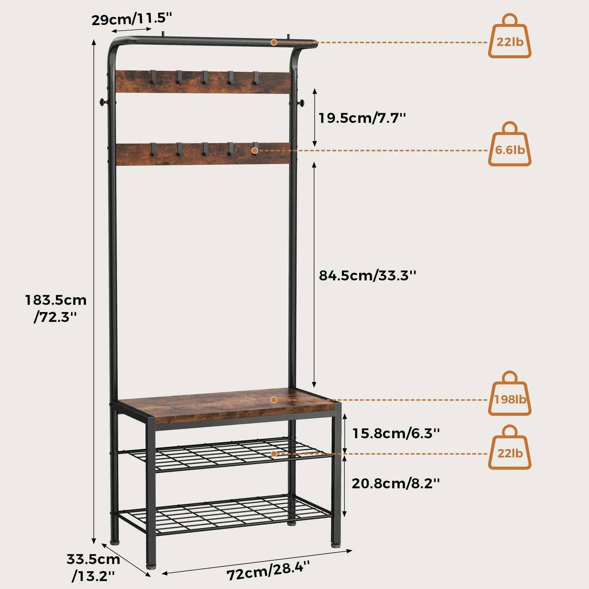 4-in-1 Entryway Coat Rack with Shoe Bench and Storage Hooks - Image 7