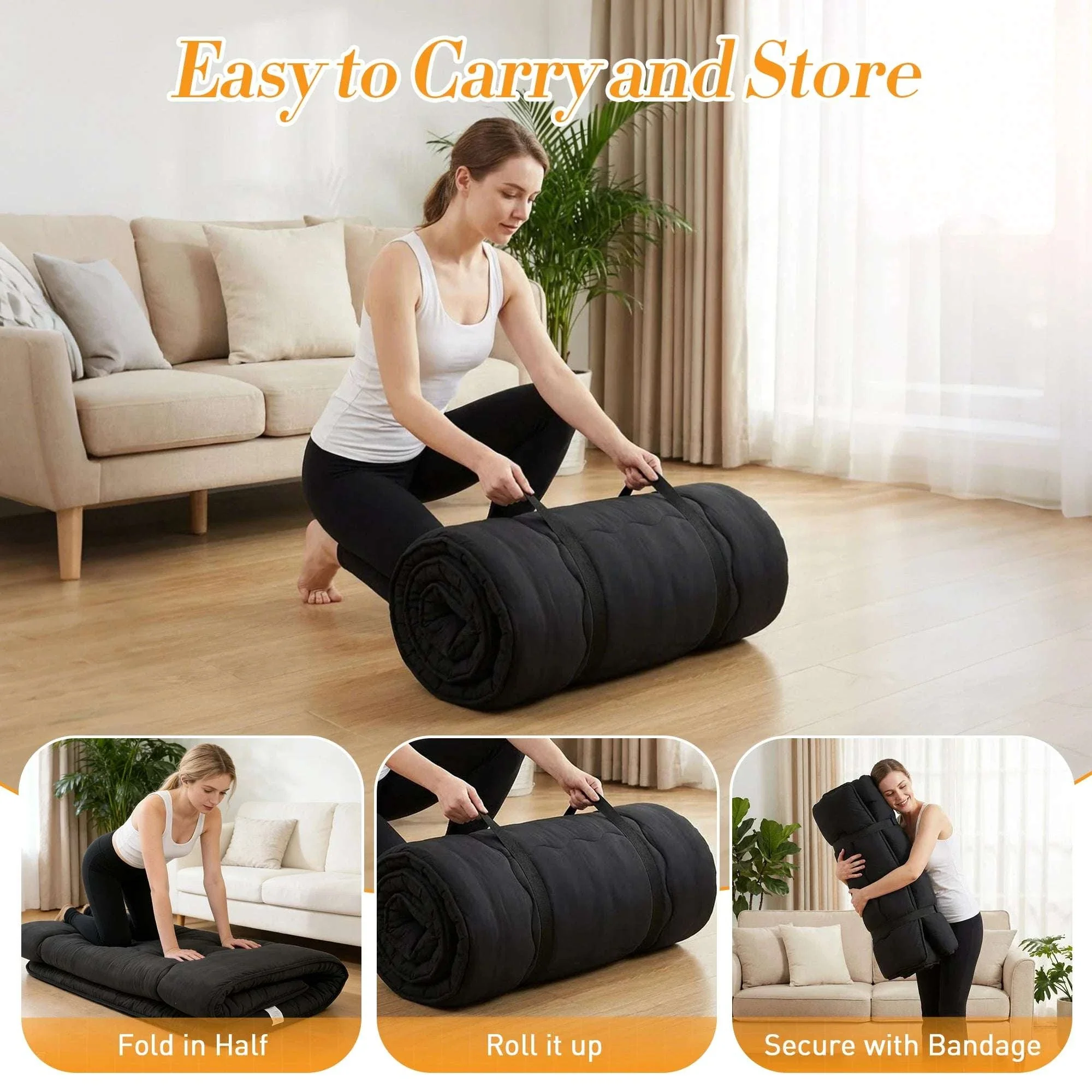 4 Inch Foldable Floor Mattress with Washable Cover and Storage Bag - Image 3