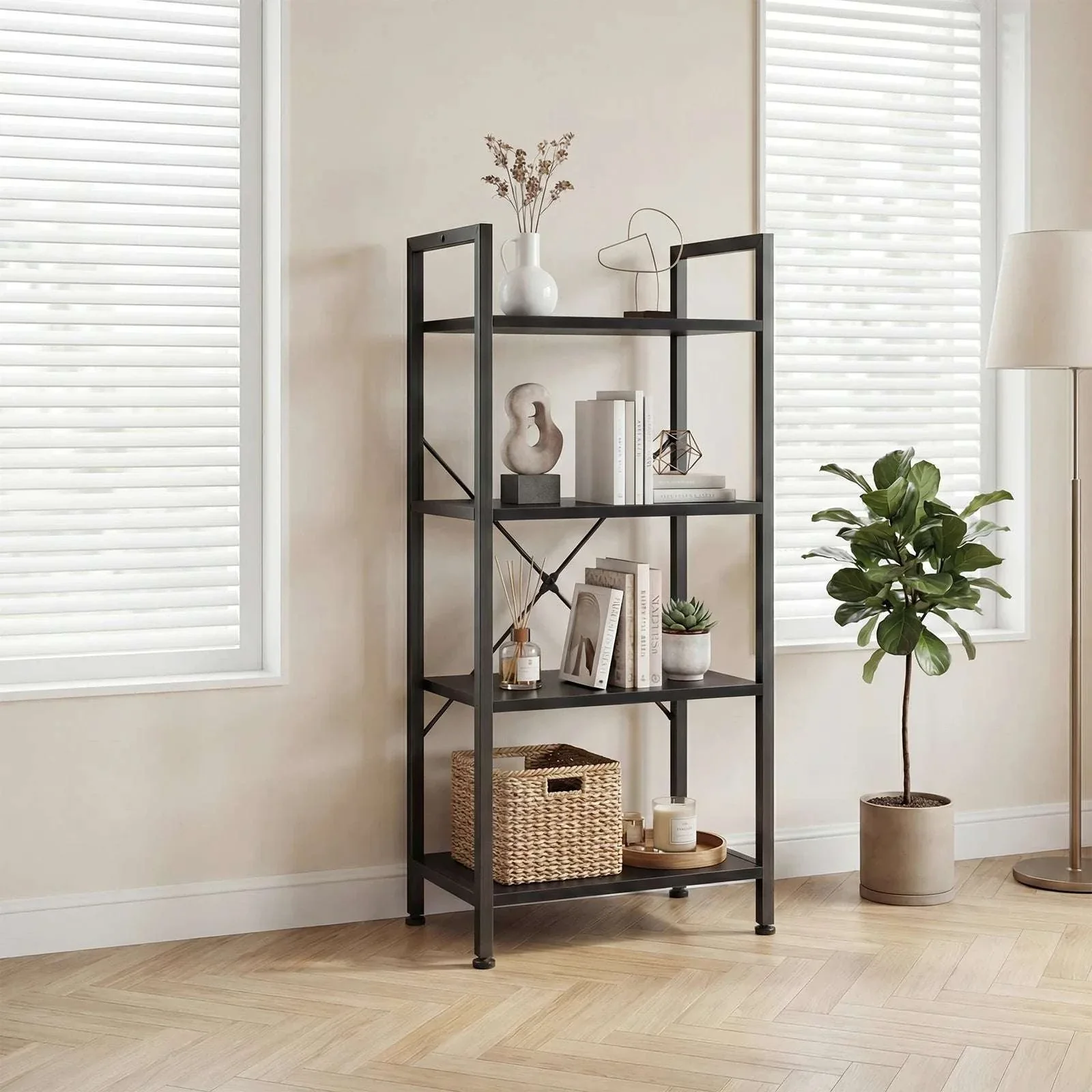 4 Tier Wooden Display Bookshelf with Metal Frame Storage Shelf