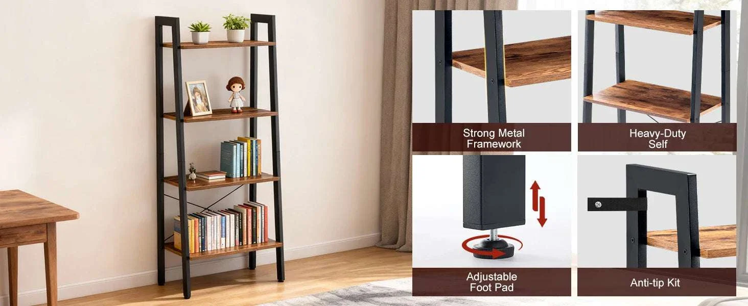 4-Tier Ladder Bookshelf with Wood Shelves and Metal Frame - Image 6