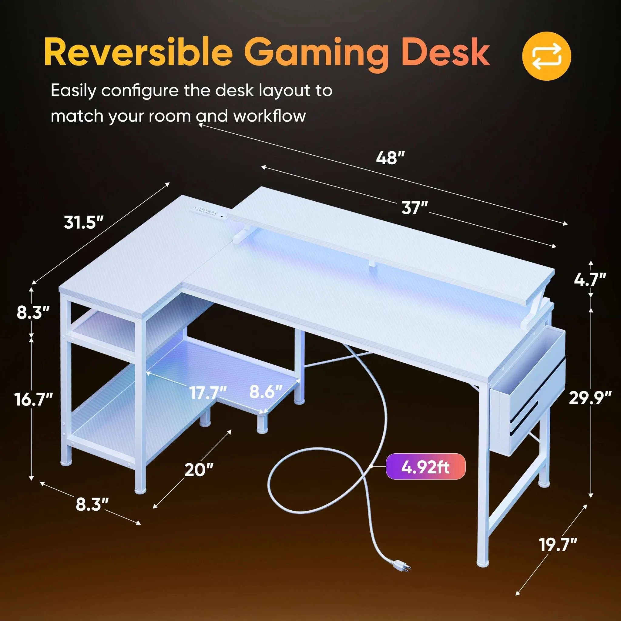 L-Shaped Gaming Desk with LED Lights & USB Ports (40–48 Inch) - Image 8