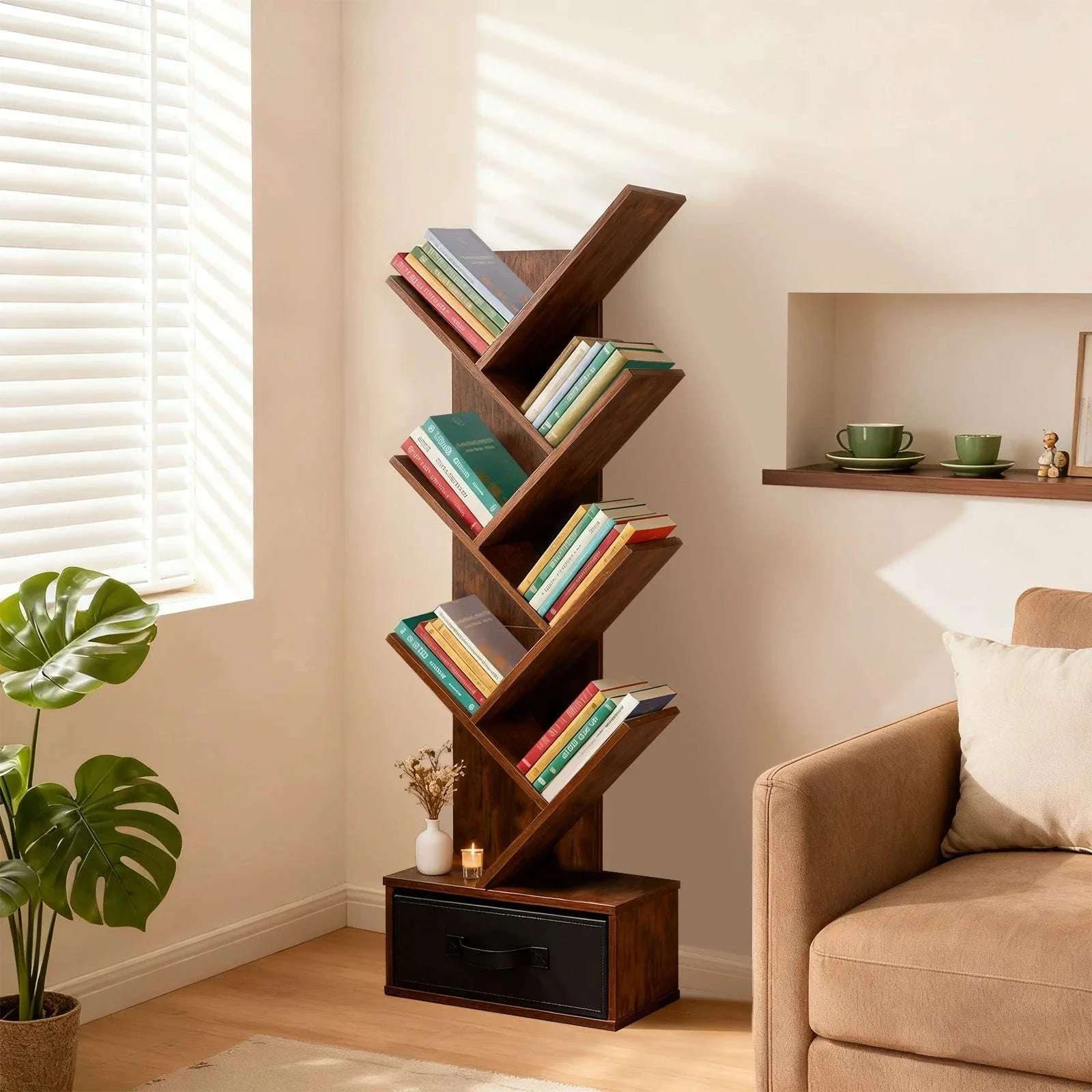 43in Tree Bookshelf with Drawer Slim 7-Tier Corner Bookcase - Image 2