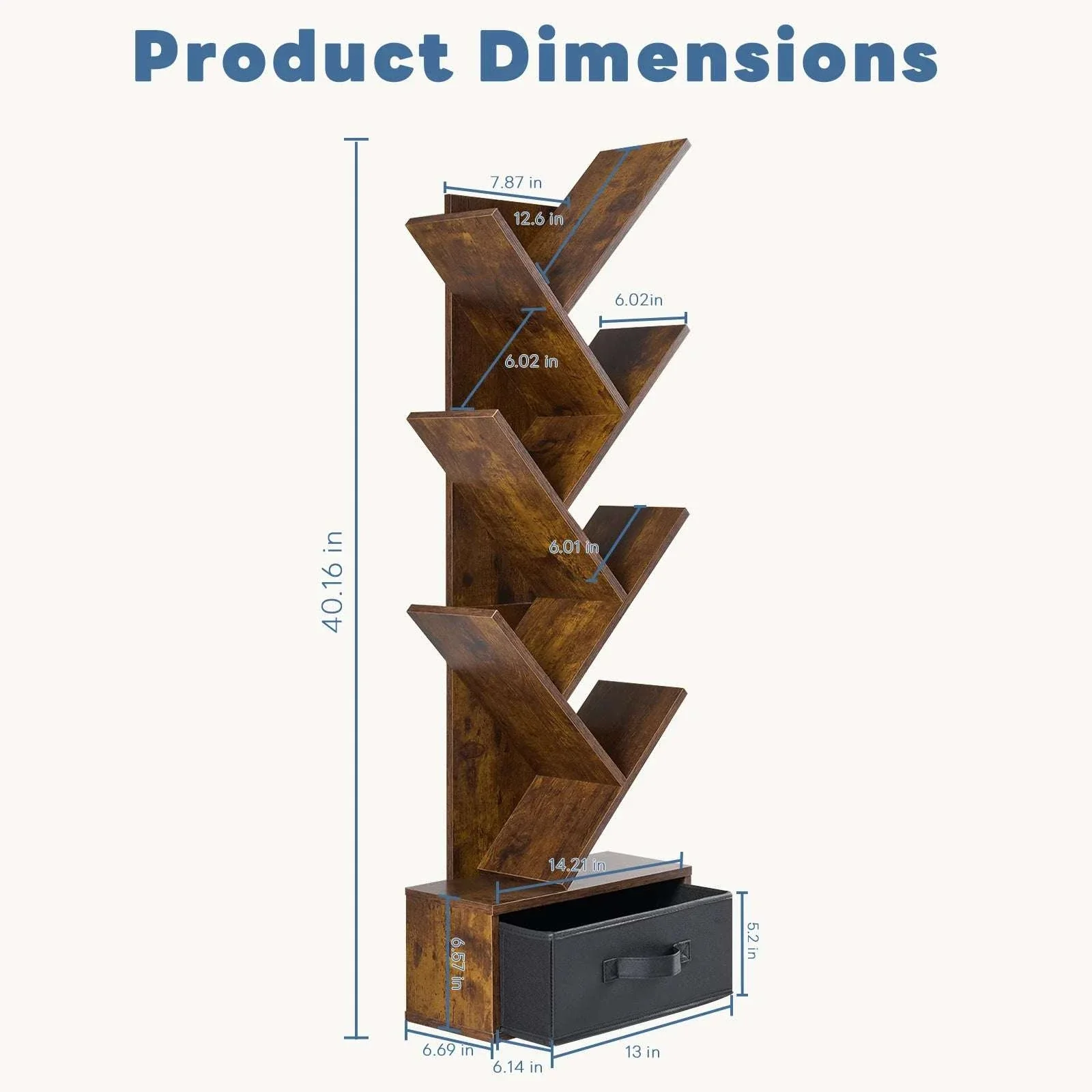 43in Tree Bookshelf with Drawer Slim 7-Tier Corner Bookcase - Image 4