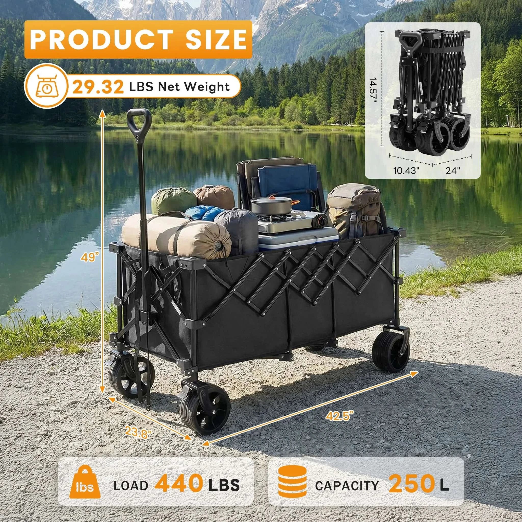 440lbs Heavy Duty Folding Wagon Cart with All-Terrain Wheels - Image 2