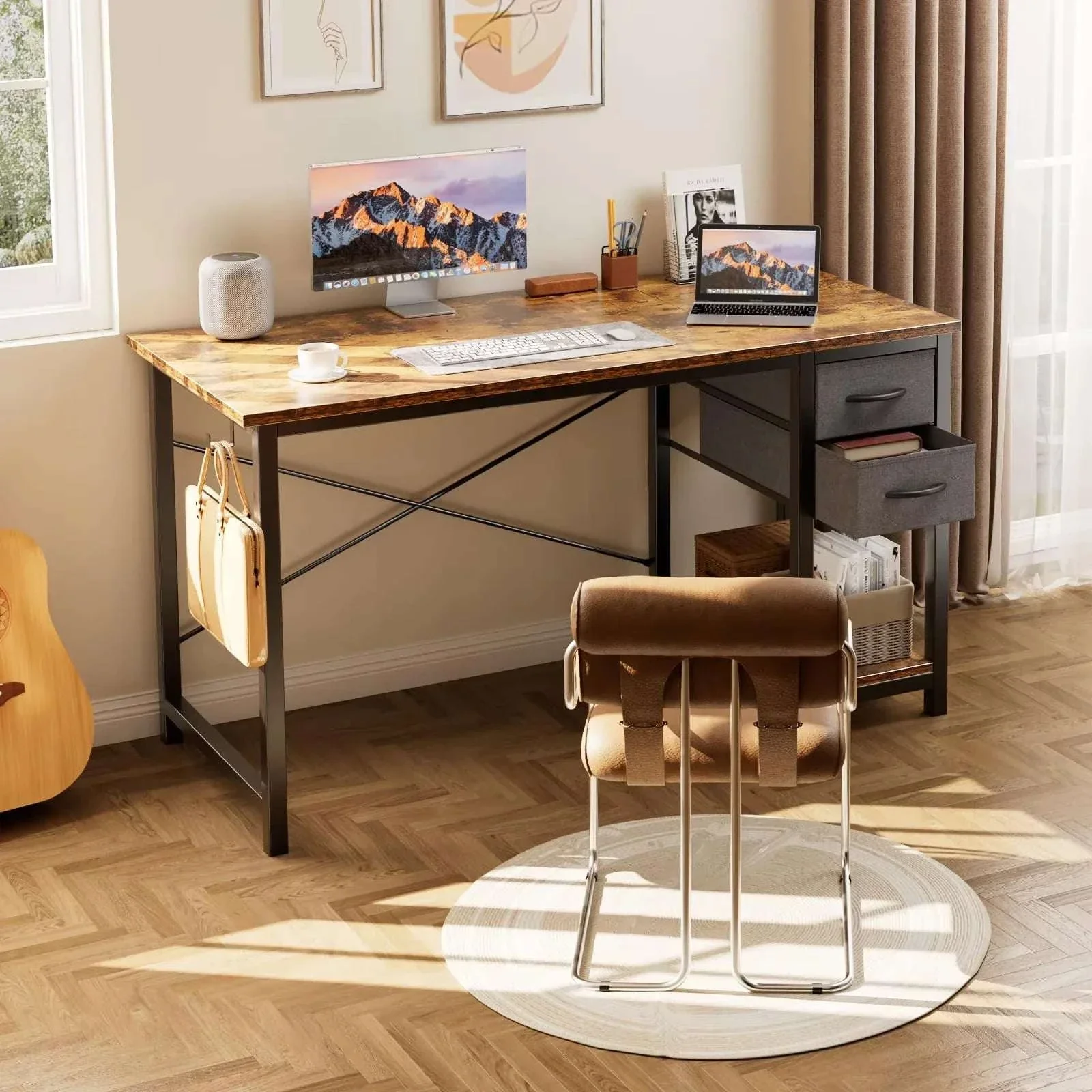 Modern Computer Desk with Drawers and Adjustable Storage Shelf