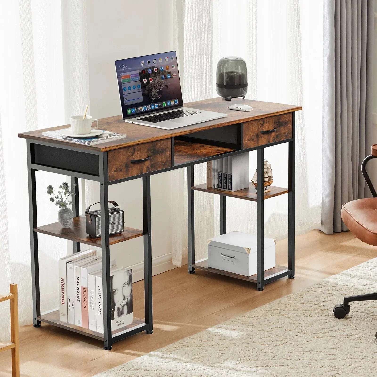 48 Inch Computer Desk with Drawers, Shelves & Keyboard Tray