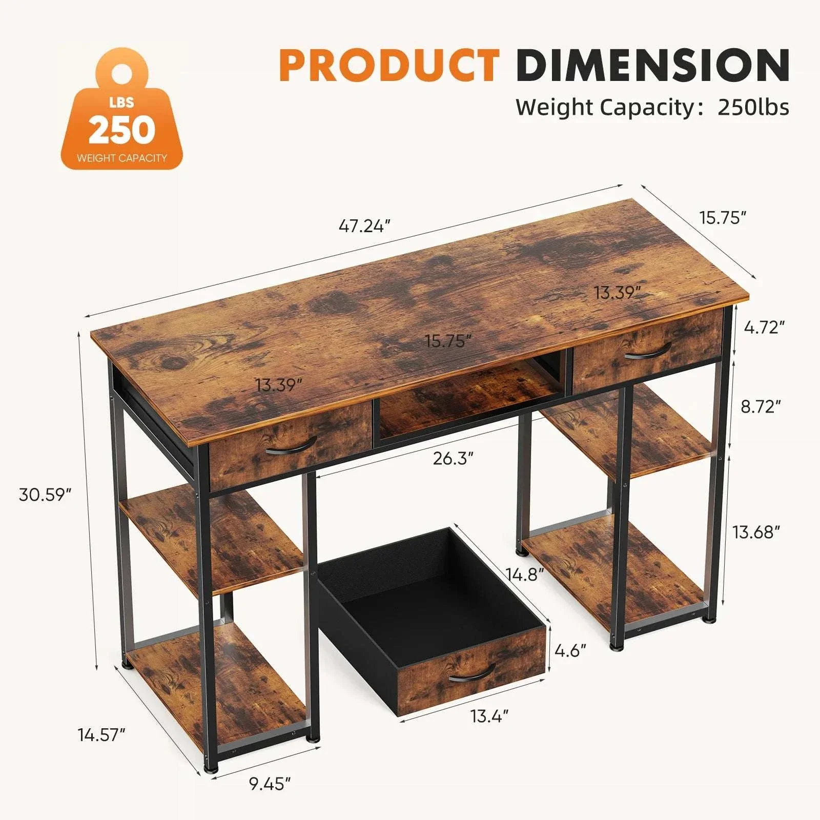 48 Inch Computer Desk with Drawers, Shelves & Keyboard Tray - Image 14