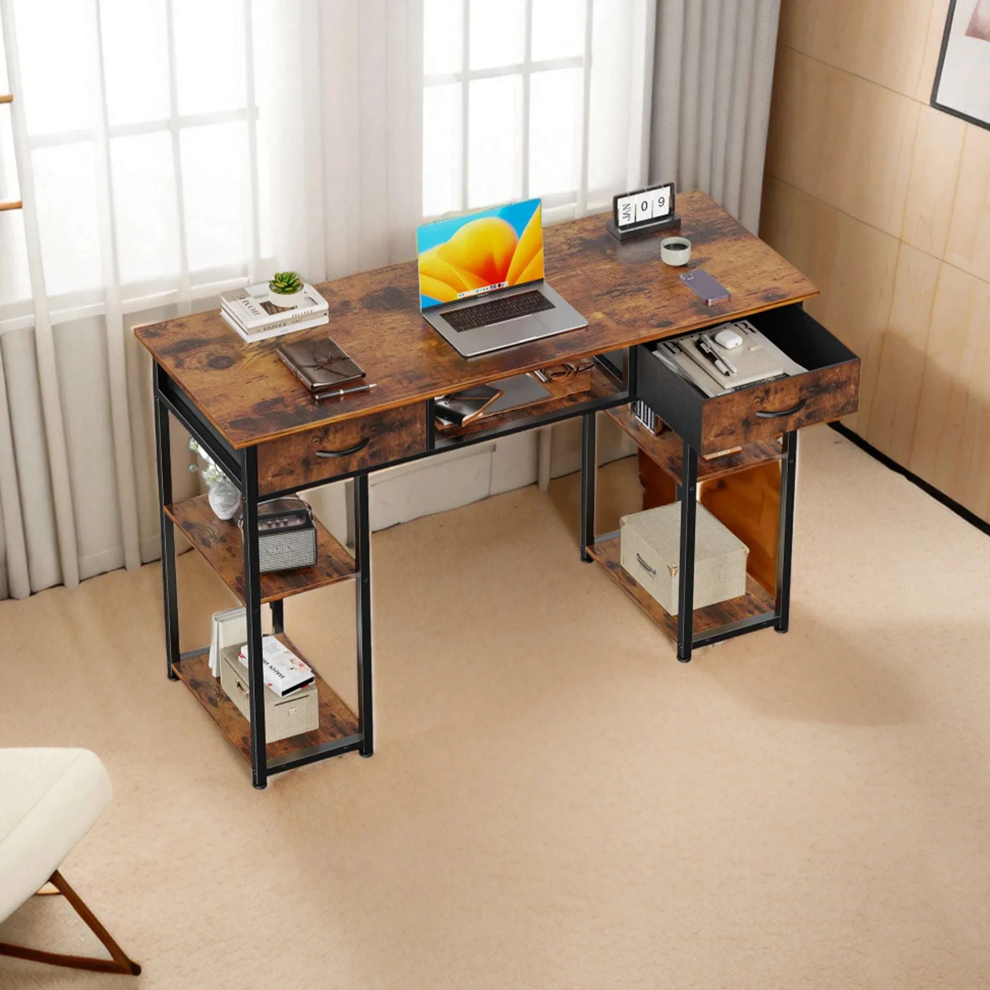48 Inch Computer Desk with Drawers, Shelves & Keyboard Tray - Image 5
