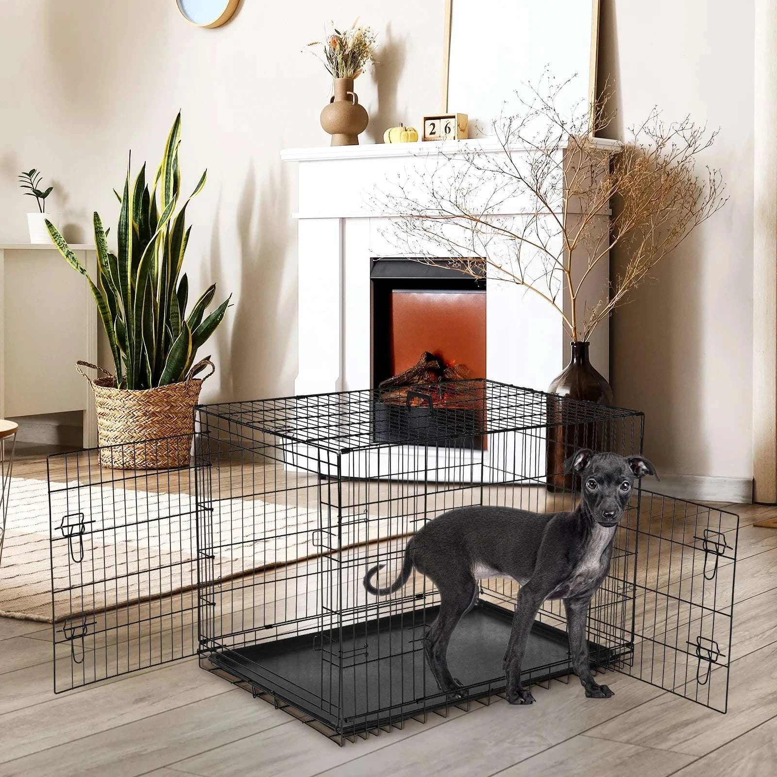 48 Inch Folding Metal Dog Crate with Double Doors & Leak-Proof Tray