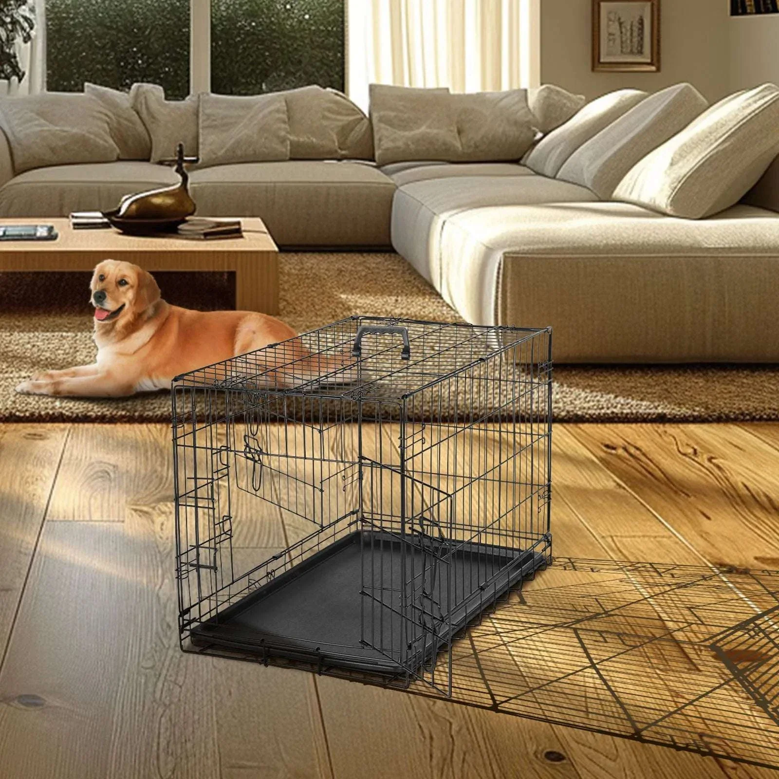 48 Inch Folding Metal Dog Crate with Double Doors & Leak-Proof Tray - Image 12