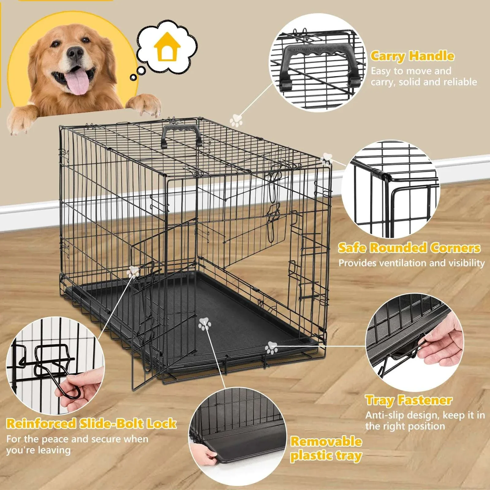 48 Inch Folding Metal Dog Crate with Double Doors & Leak-Proof Tray - Image 14