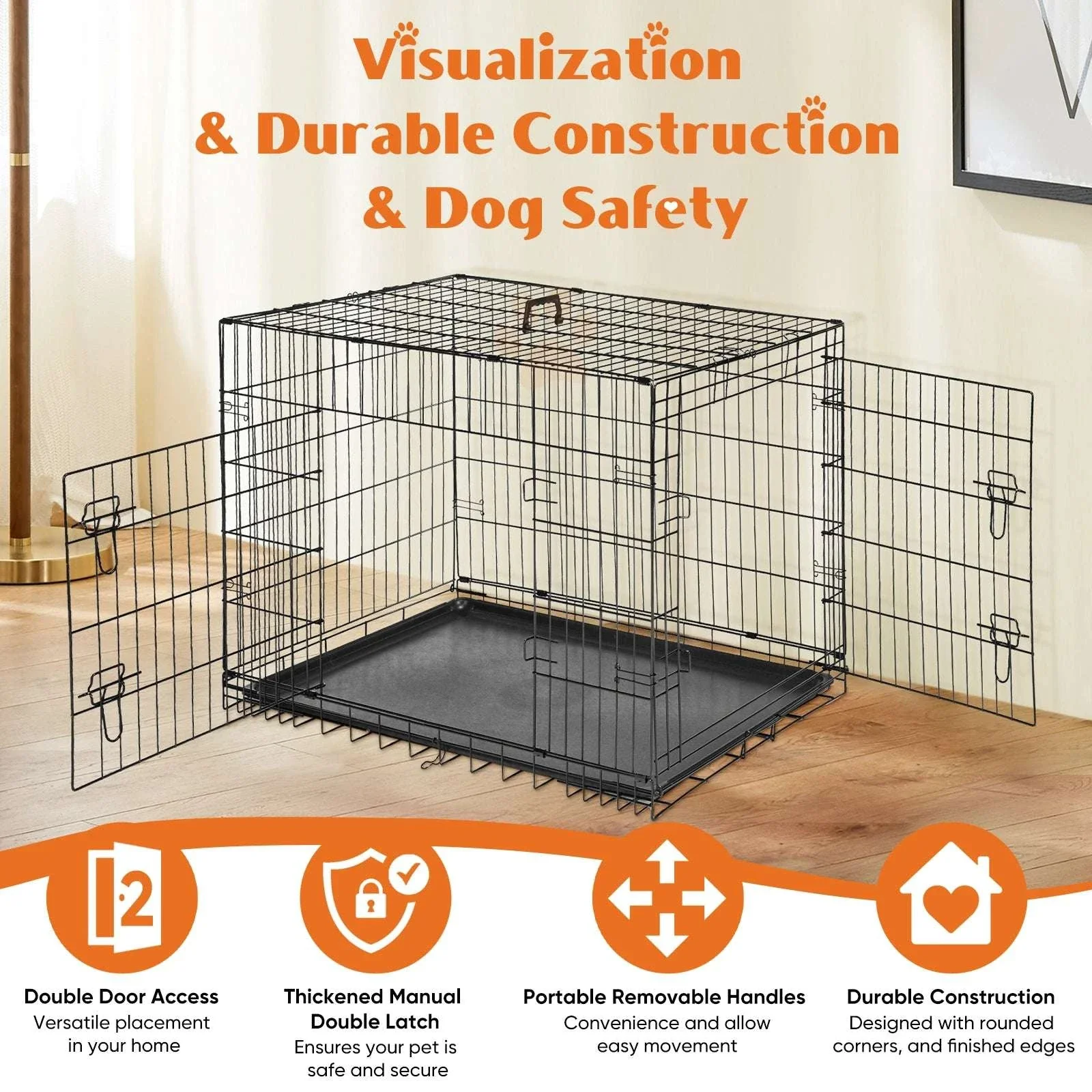 48 Inch Folding Metal Dog Crate with Double Doors & Leak-Proof Tray - Image 3