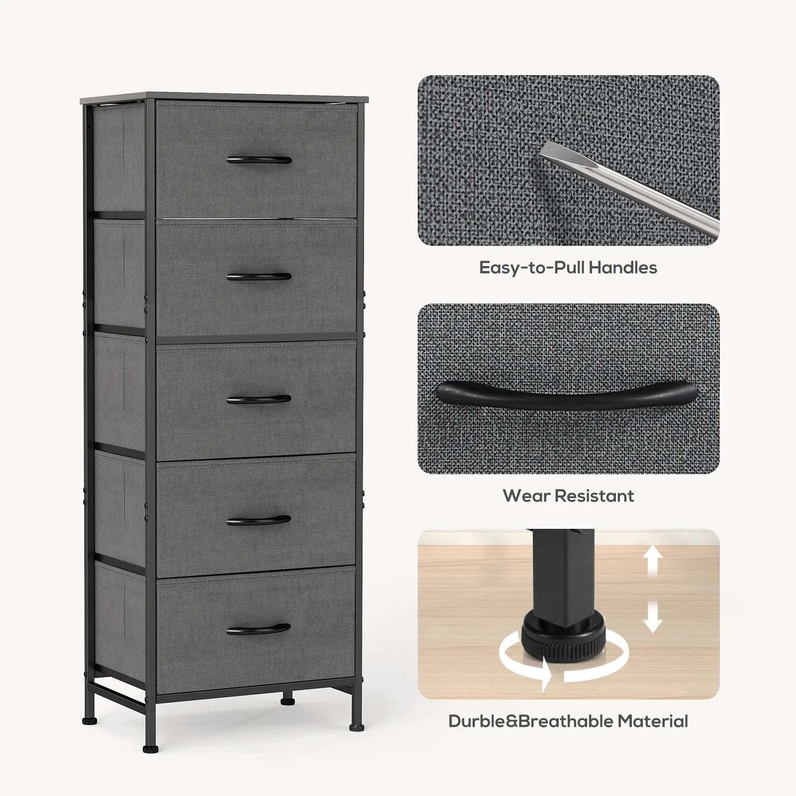 5 Drawer Fabric Dresser Cabinet Slim Storage Tower with Wood Top - Image 4