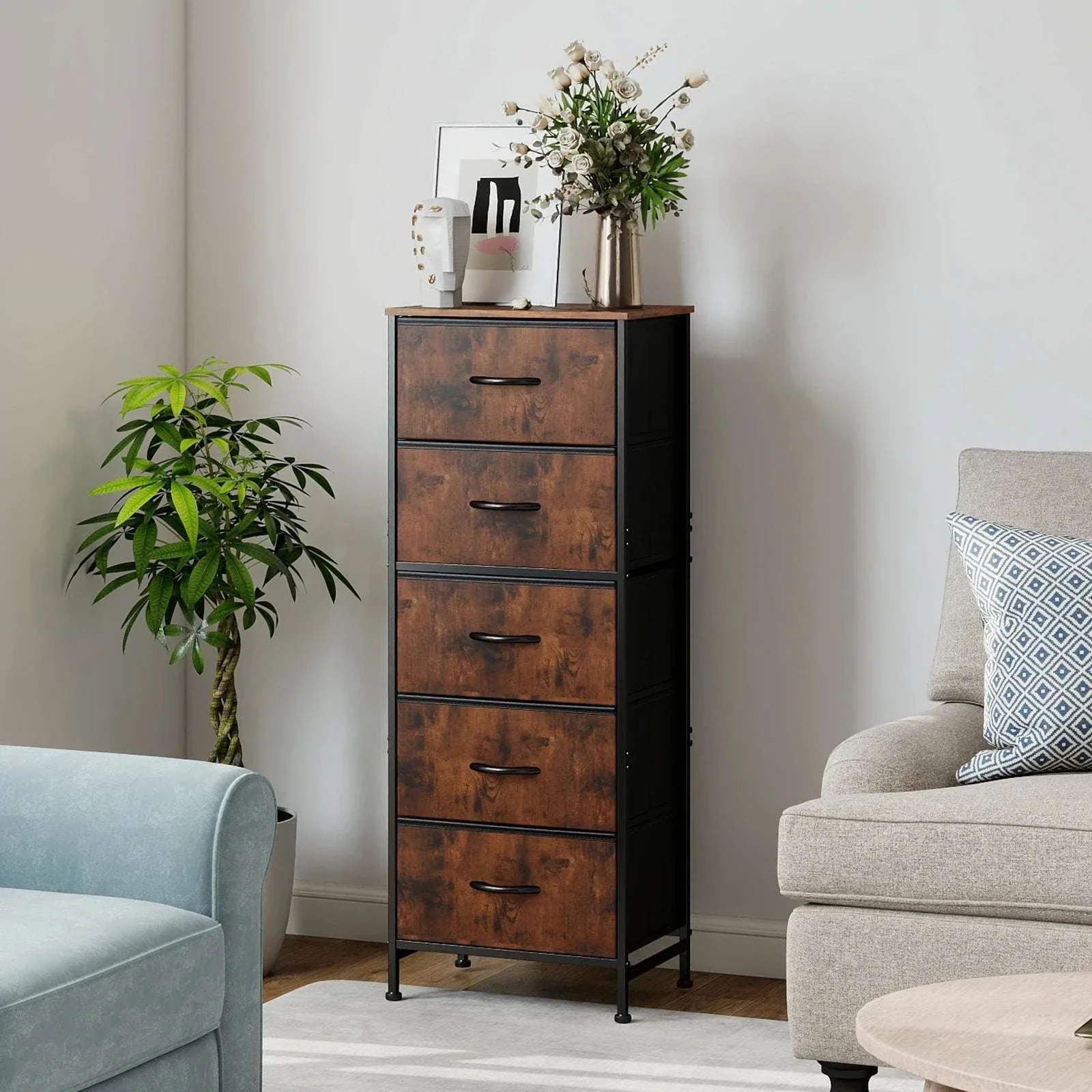 5 Drawer Fabric Dresser Cabinet Slim Storage Tower with Wood Top - Image 5