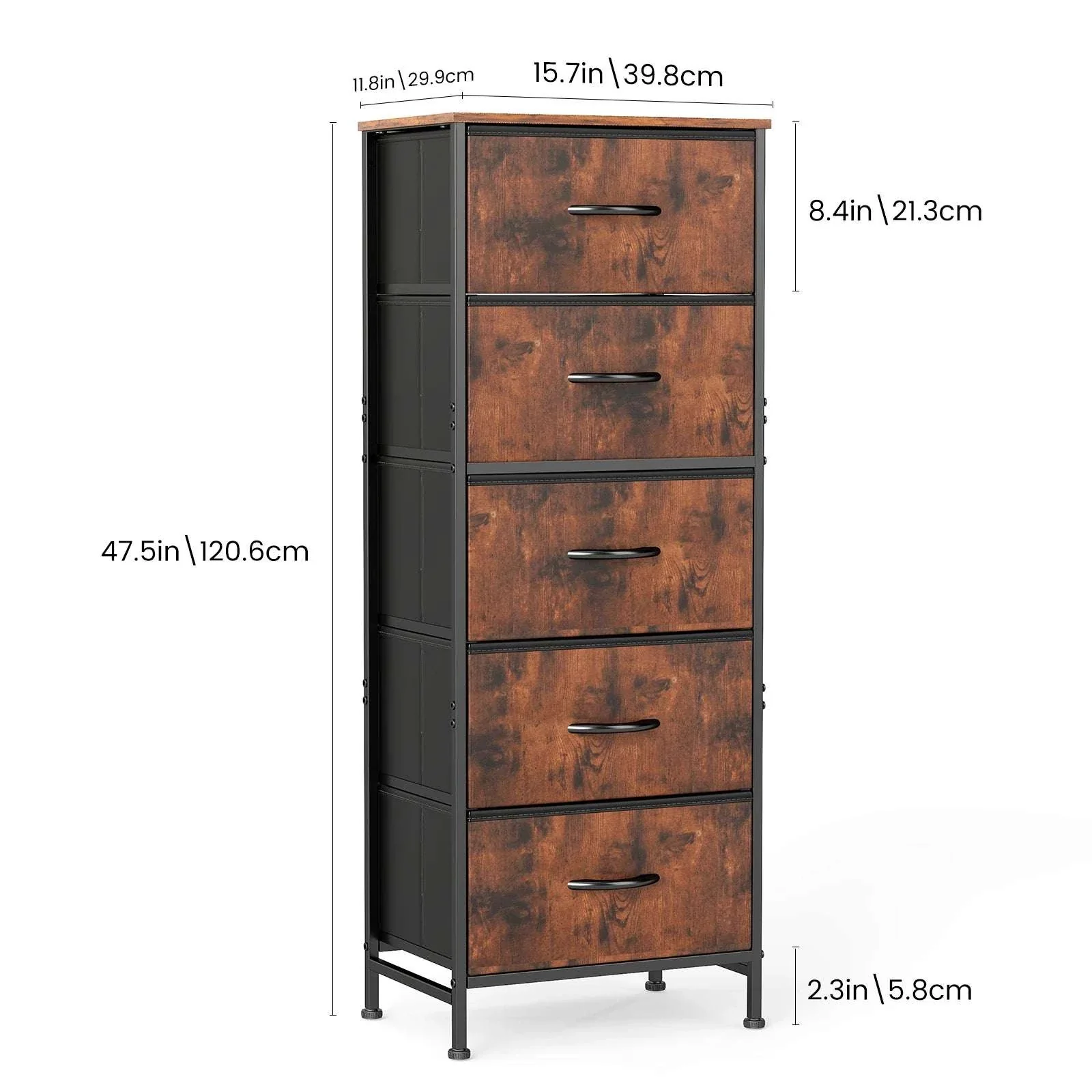 5 Drawer Fabric Dresser Cabinet Slim Storage Tower with Wood Top - Image 7