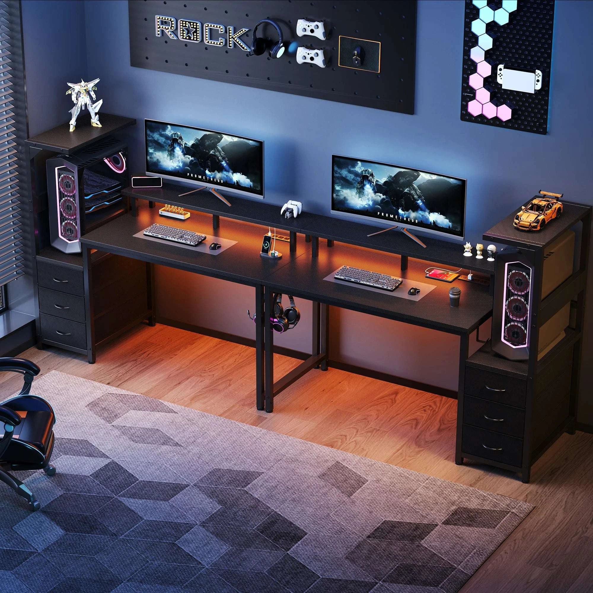 Reversible Gaming Desk with LED Lights, Power Outlets & Drawers - Image 2