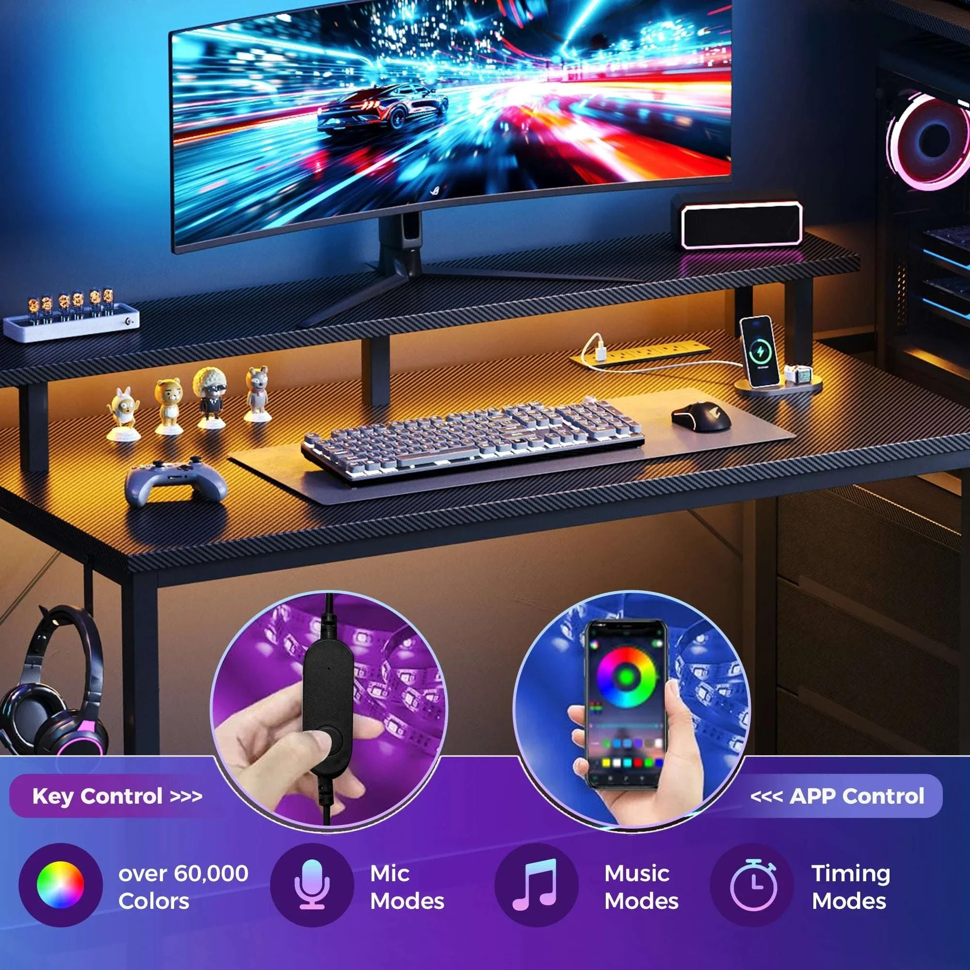 Reversible Gaming Desk with LED Lights, Power Outlets & Drawers - Image 3