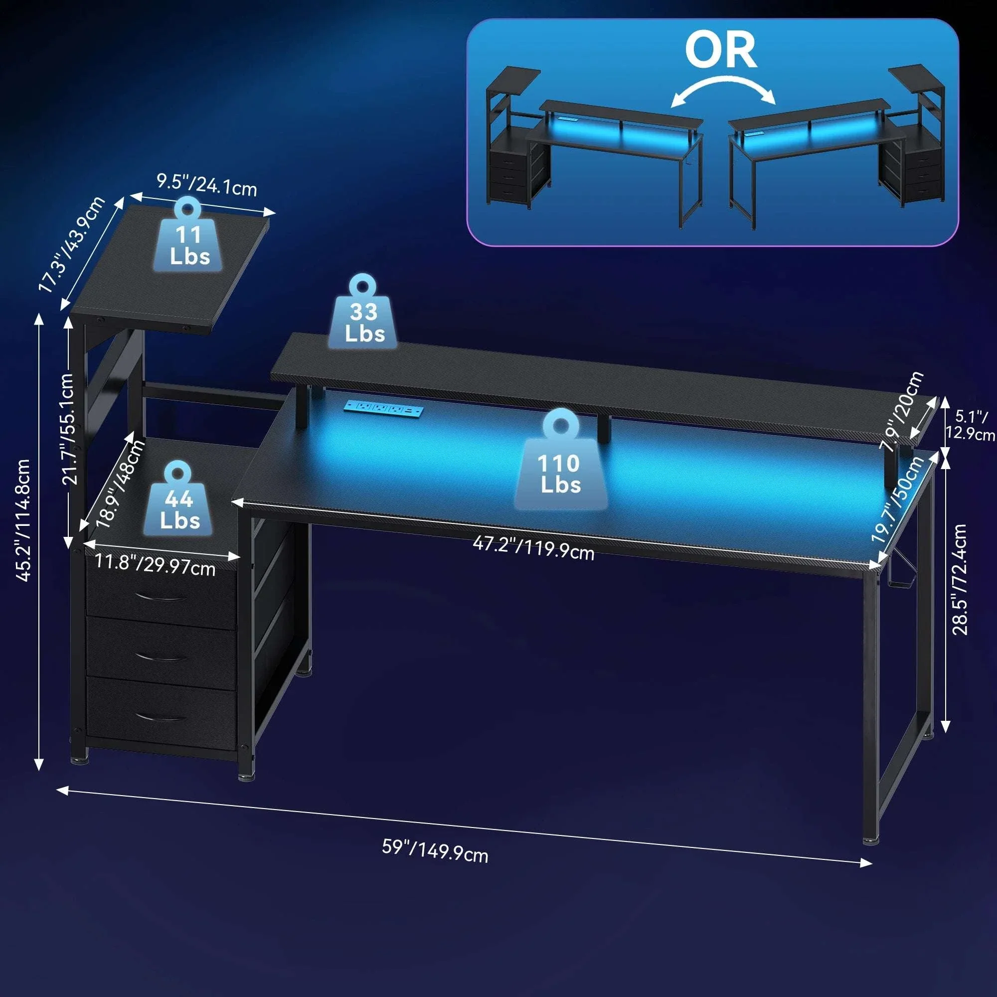 Reversible Gaming Desk with LED Lights, Power Outlets & Drawers - Image 6