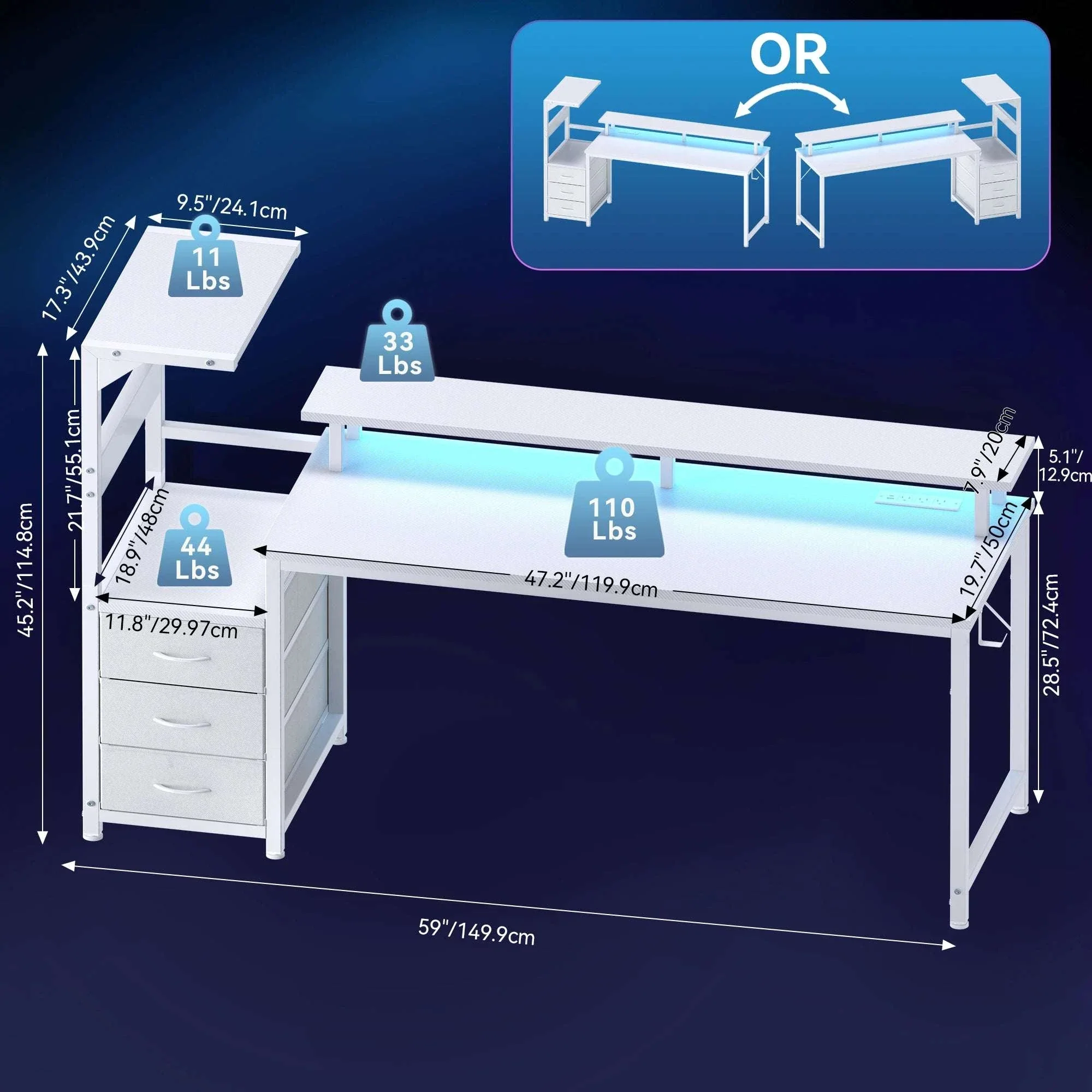 Reversible Gaming Desk with LED Lights, Power Outlets & Drawers - Image 7