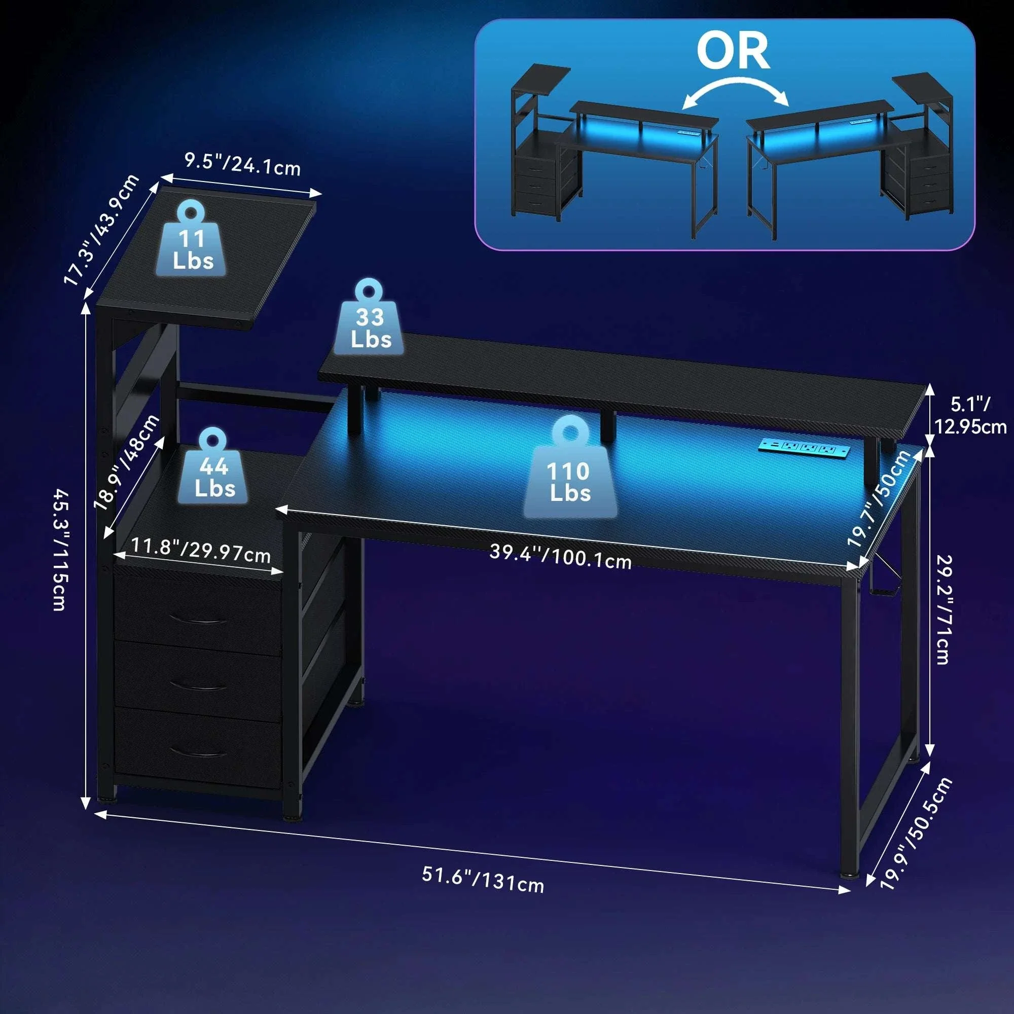 Reversible Gaming Desk with LED Lights, Power Outlets & Drawers - Image 8