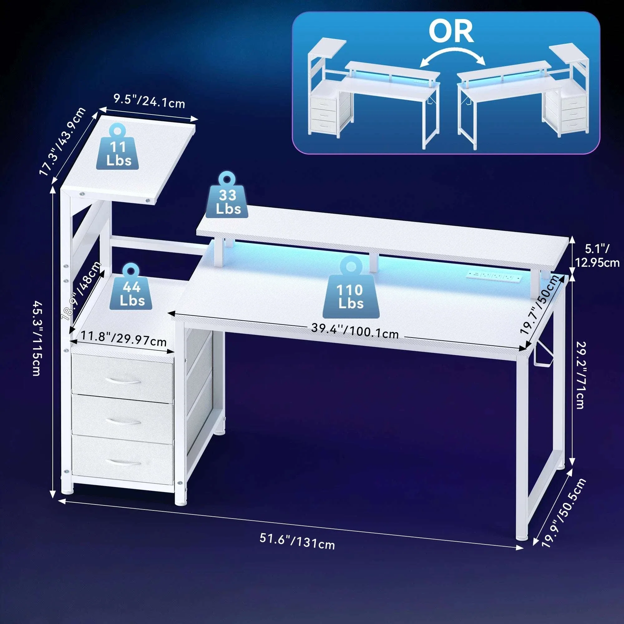 Reversible Gaming Desk with LED Lights, Power Outlets & Drawers - Image 9