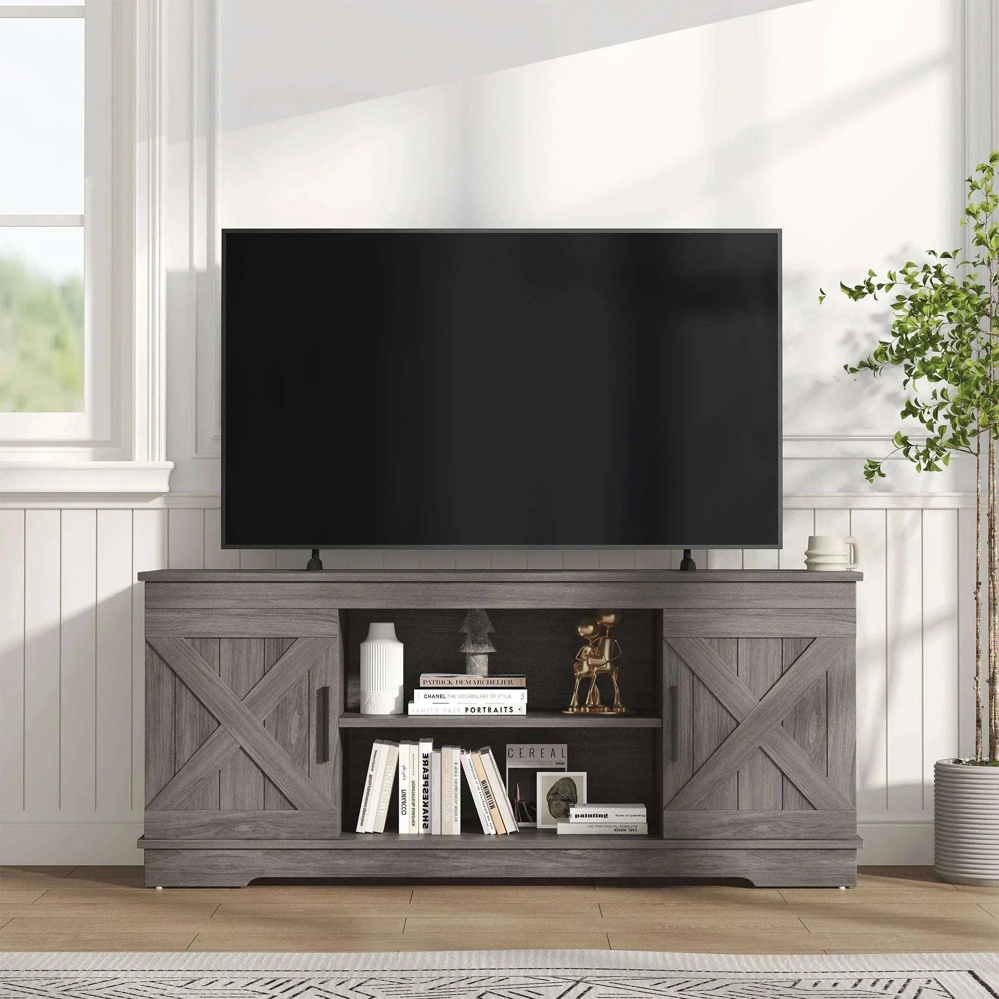 58-Inch Wooden TV Stand with Storage & Power for Up to 65” TVs