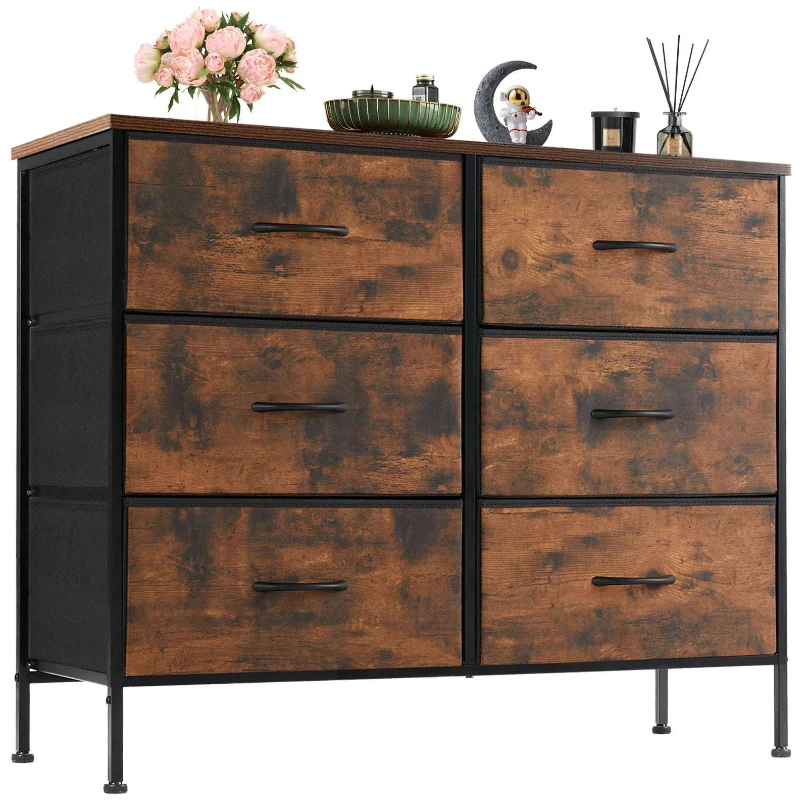 6 Drawer Fabric Nightstand with Metal Frame and Wooden Top - Image 18