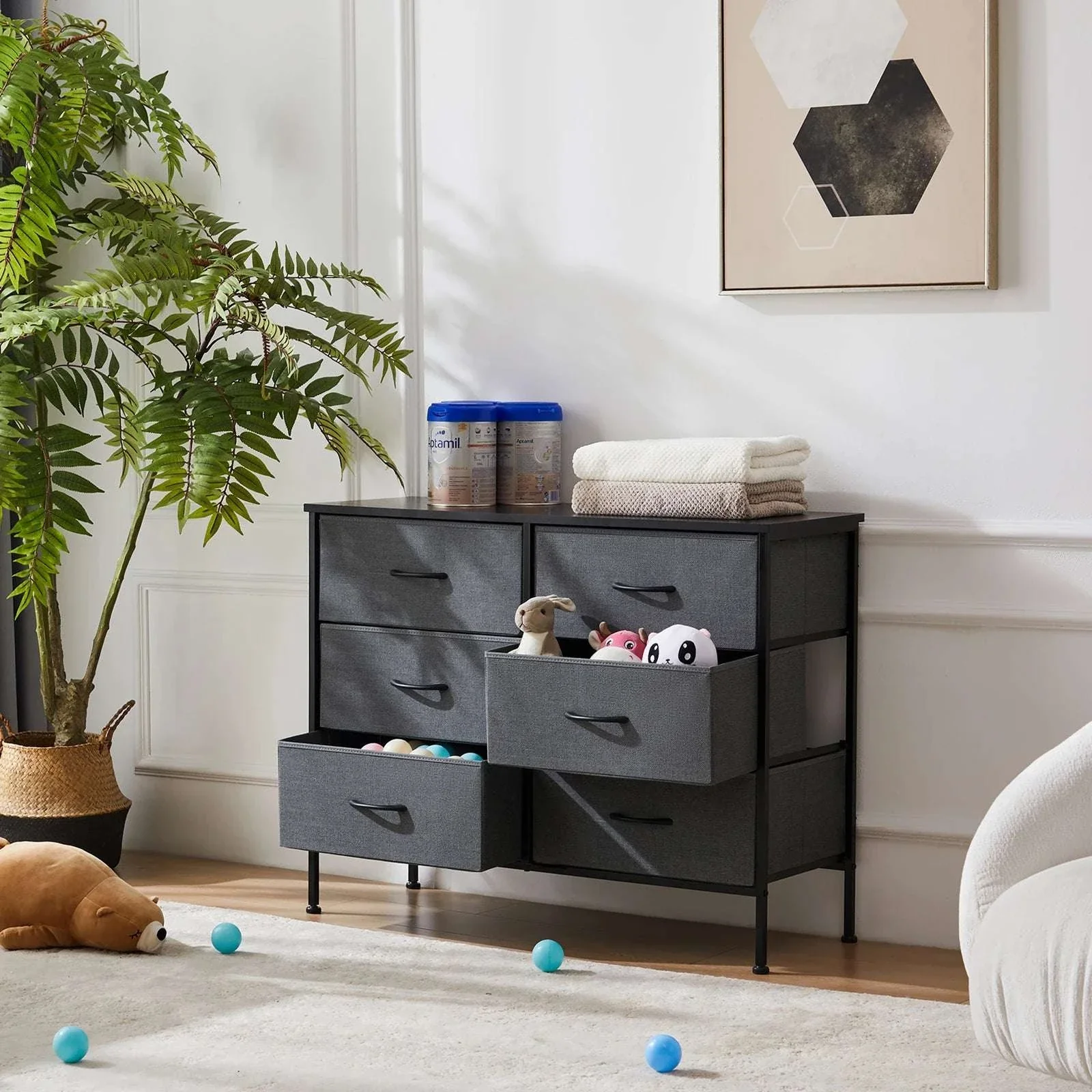 6 Drawer Fabric Nightstand with Metal Frame and Wooden Top - Image 2
