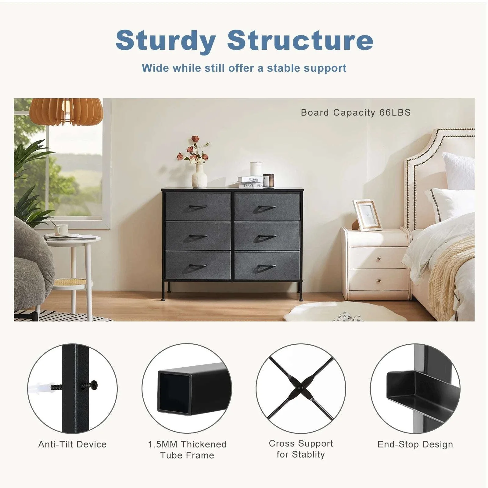 6 Drawer Fabric Nightstand with Metal Frame and Wooden Top - Image 5