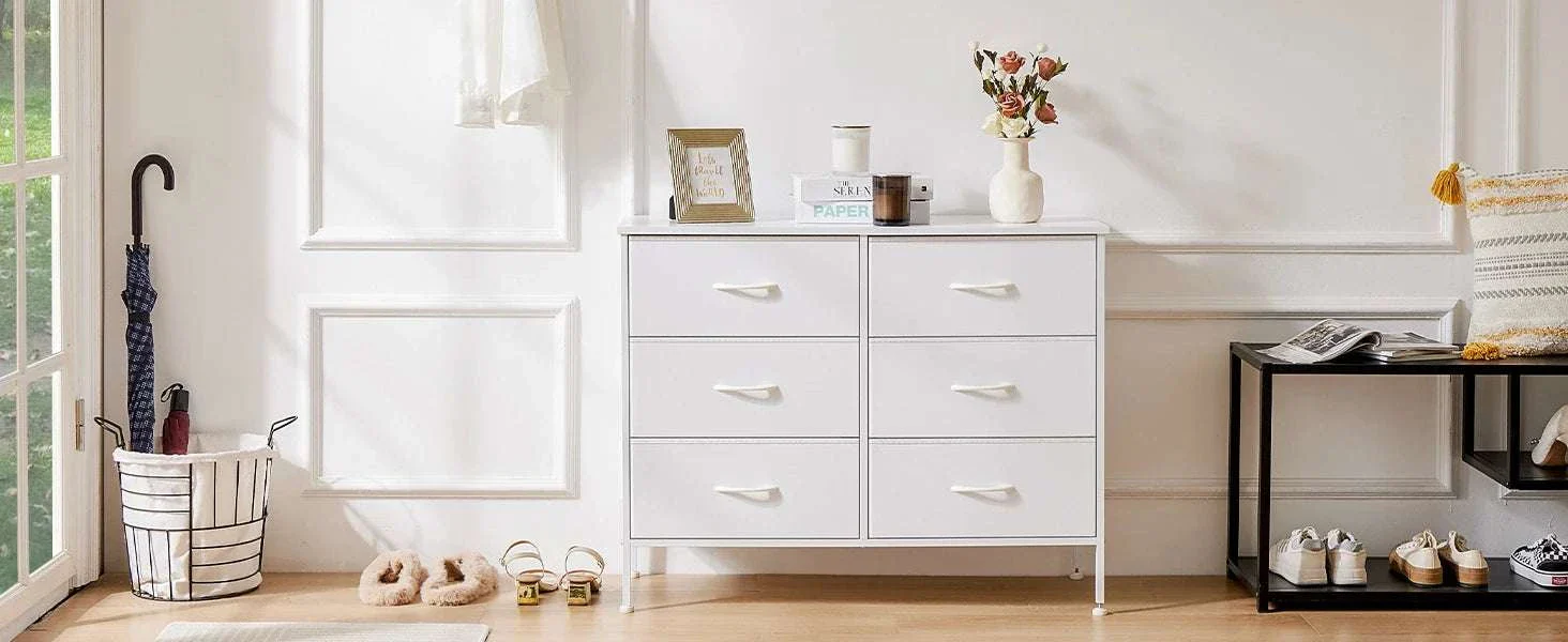 6 Drawer Fabric Nightstand with Metal Frame and Wooden Top - Image 7