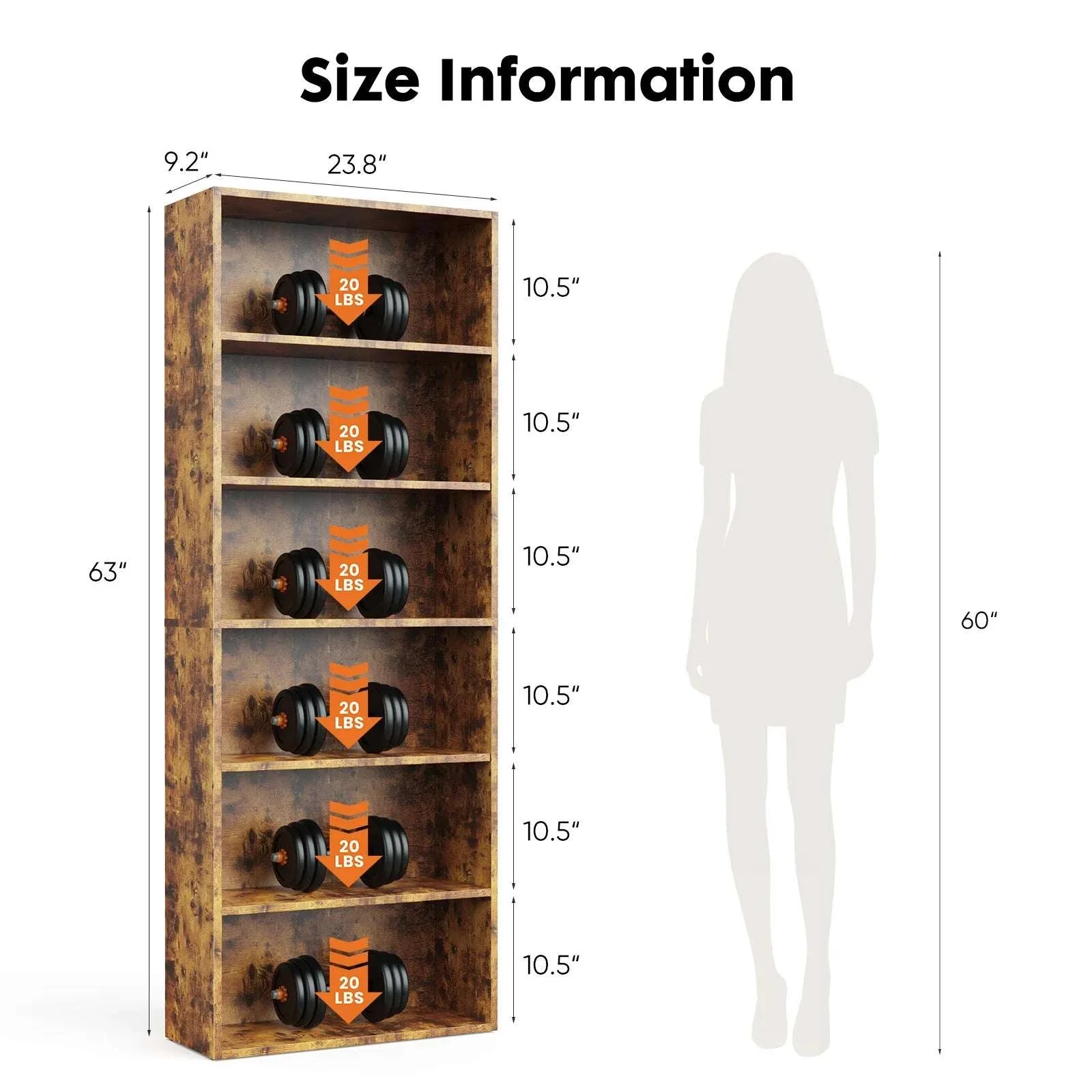 6 Tier Wooden Bookcase 63 Inch Tall Open Shelf Storage Unit - Image 11
